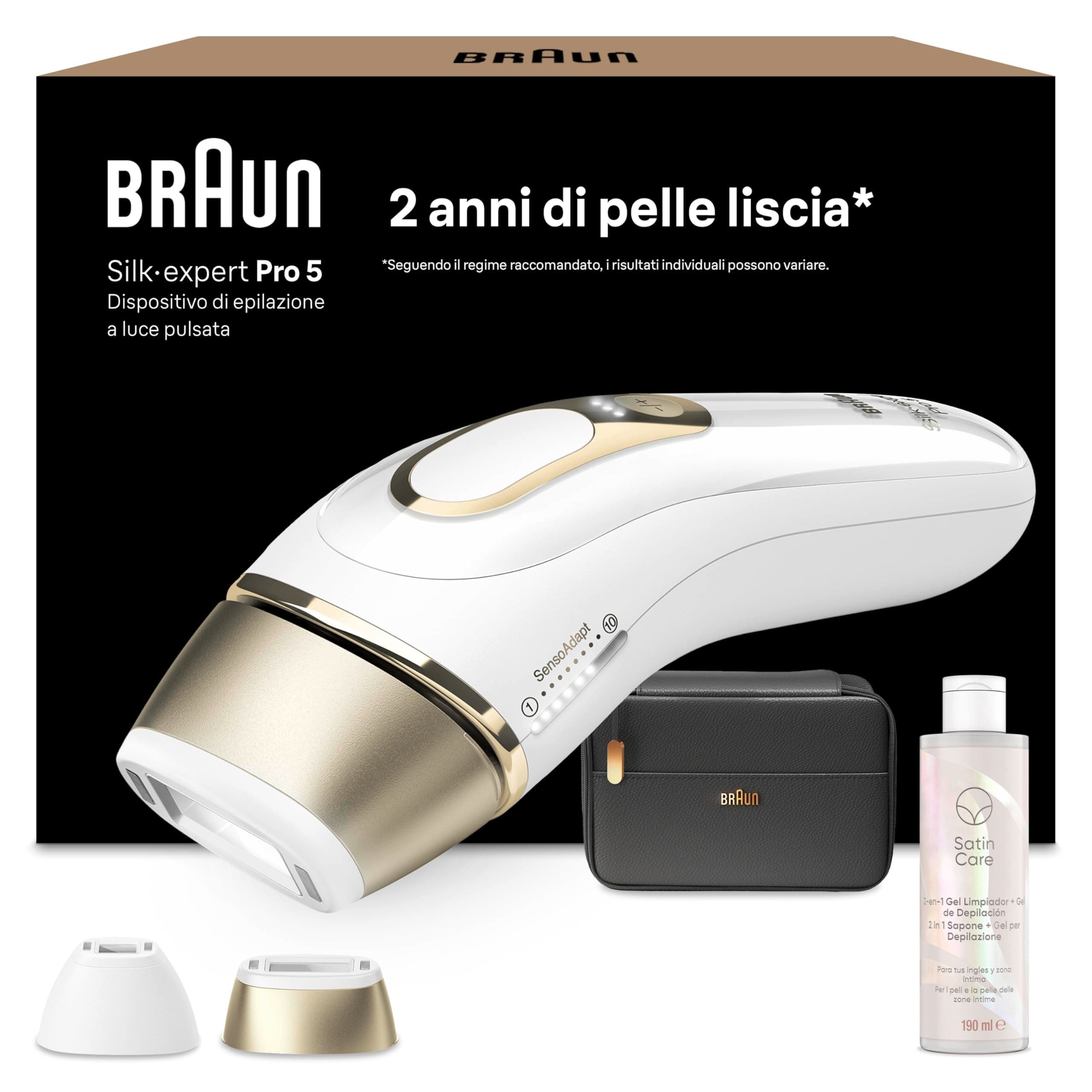 Braun Silk·Expert Pro 5 Epilatore Luce Pulsata, Epilazione a Casa, Alternativa All’epilazione Laser, con Custodia, 2 Testine, Idea Regalo, Bianco/oro, Pl5140