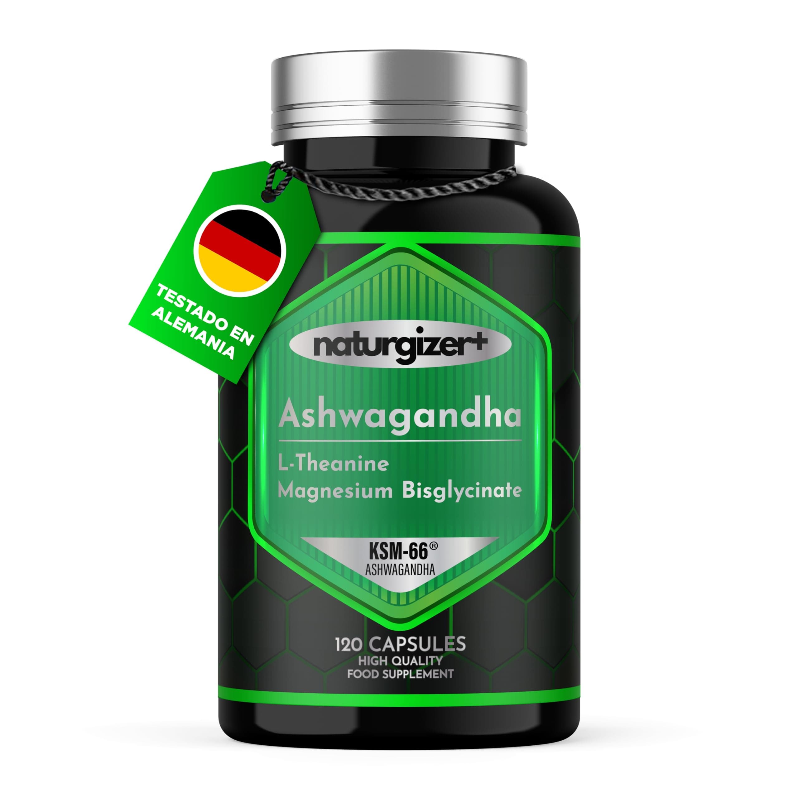 Ashwagandha KSM-66® con L-Teanina y Magnesio Bisglicinato | Fórmula Complex 3 en 1 para tu rutina de bienestar | Alta Pureza | 120 Cápsulas Veganas | Naturgizer+