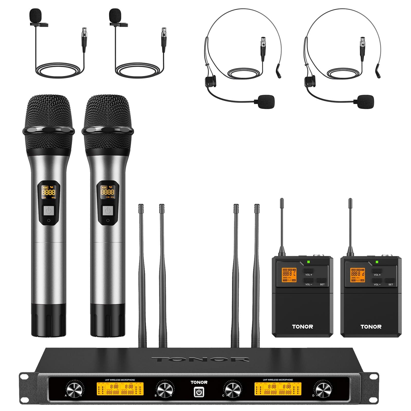 TONOR Sistema microfonico wireless UHF, Microfono palmare/Microfono archetto/Lavalier Microphone, Trasmettitore Bodypack, Ricevitore Metallo 4x5 frequenze, 90M per Chiesa Karaoke Canto, 4 canali
