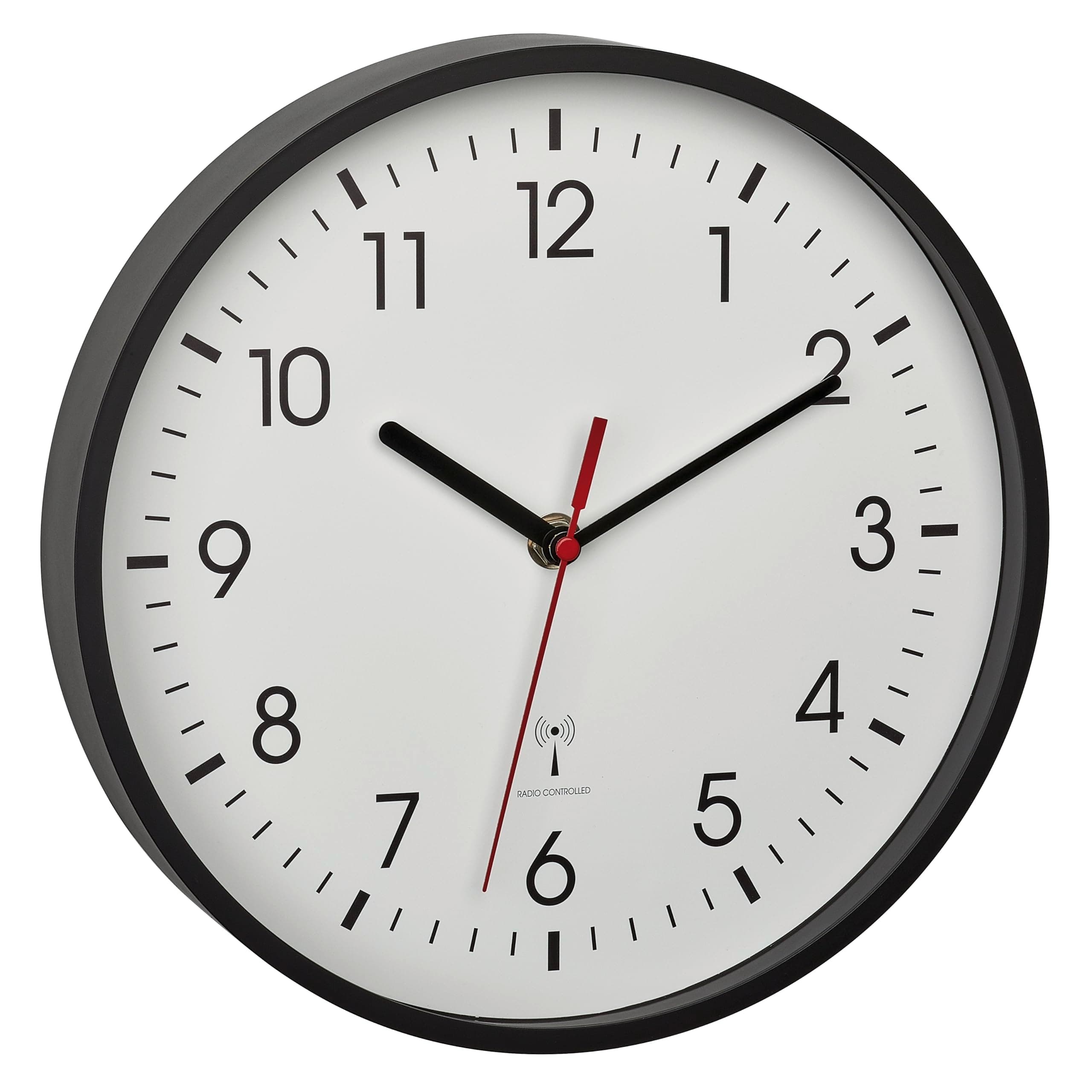 TFA Dostmann Analoge Funk-Wanduhr, 60.3550.01, praezise Anzeige, klassisch, analog, Glasabdeckung, für Wartezimmer, zu Hause, leichtes Ablesen, 245 x 245 x 42 mm, schwarz
