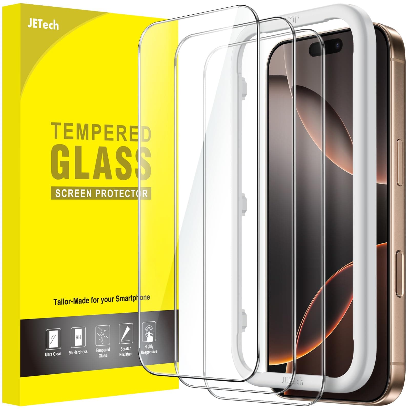 JETech Protector de Pantalla para iPhone 16 Pro Max 6,9 Pulgadas, Cristal Vidrio Templado con Marco de Instalación Fácil, Amigable para Funda, HD Transparente, 3 Unidades
