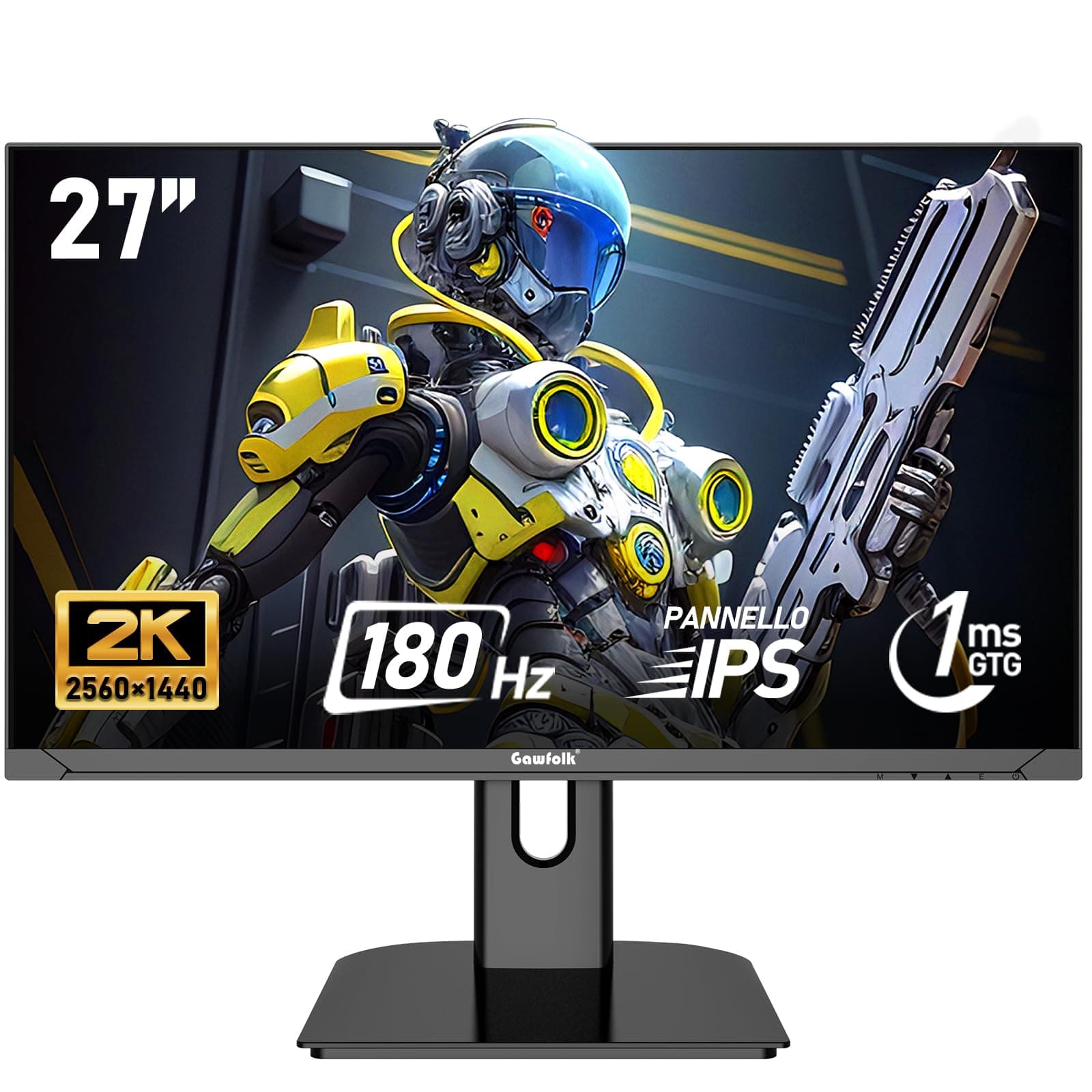 Gawfolk Schermo PC IPS da 27 pollici, 2K WQHD (2560 × 1440), monitor da gioco 180Hz, 1ms senza bordi, 100% sRGB, 178 ° grandangolo, HDMI, DisplayPort, compatibile con 75 * 75mm montaggio a parete-Nero