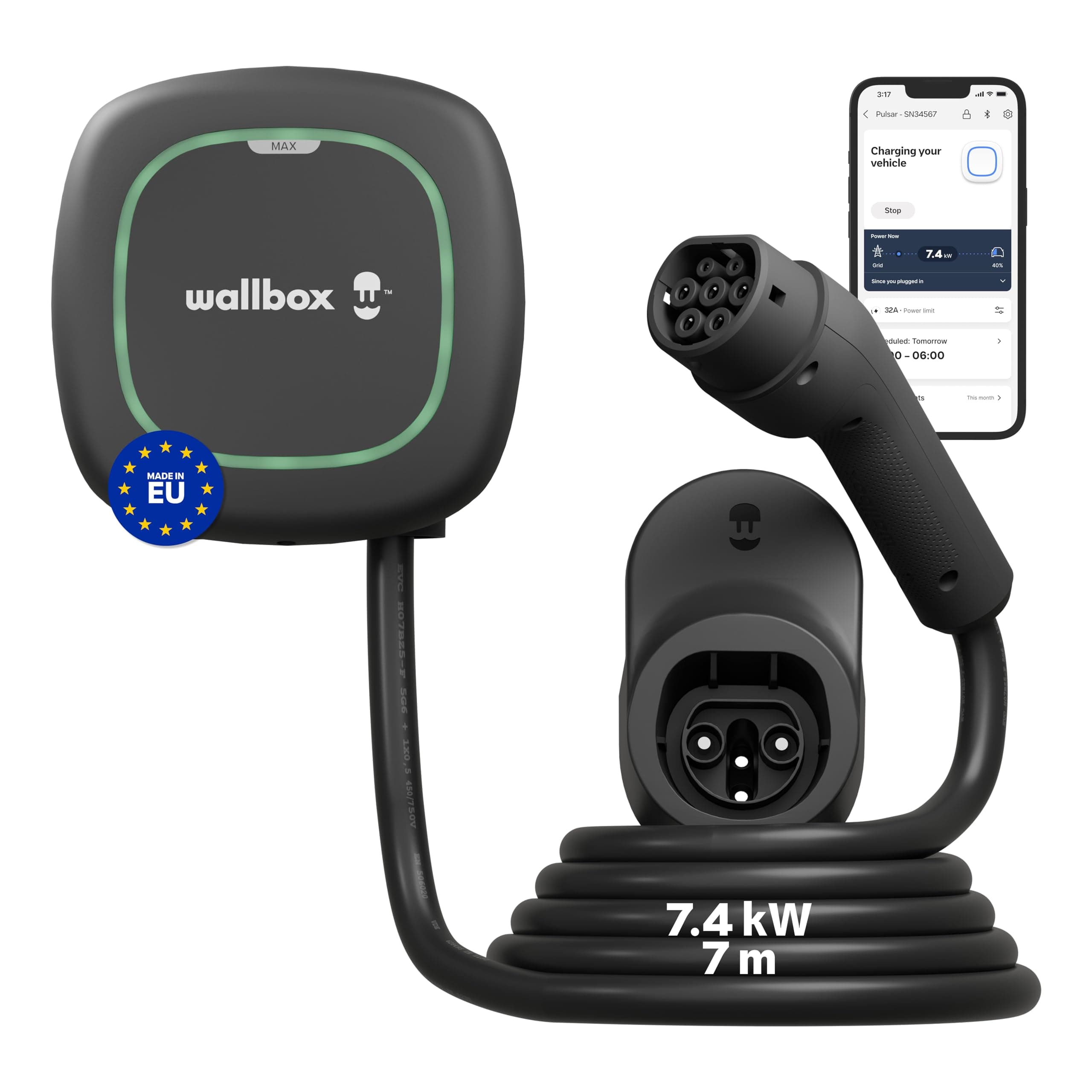 Wallbox Pulsar Max 7.4kW - Chargeur Voiture Electrique 32 A - Câble Recharge 7 Mètres - Chargeur EV Typo 2 avec WiFi et Bluetooth - Compatible avec EV/PHEV et Usage Intérieur/Extérieur - Noir