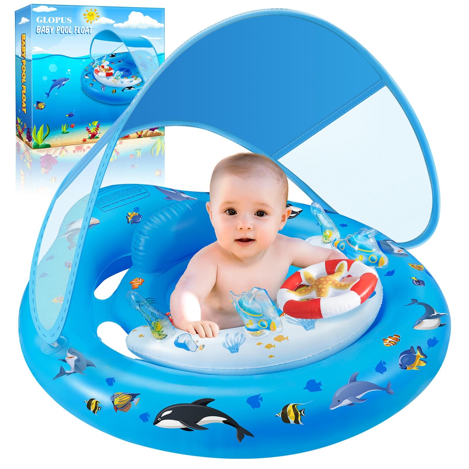 GLOPUS Bouee Bebe, Bouée Bébé, Bouee Bebe Piscine avec Pare Soleil UPF 50+, Piscine Empêcher Le Retournement Flotteur de Piscine pour Tout-Petits pour 6 à 36 Mois