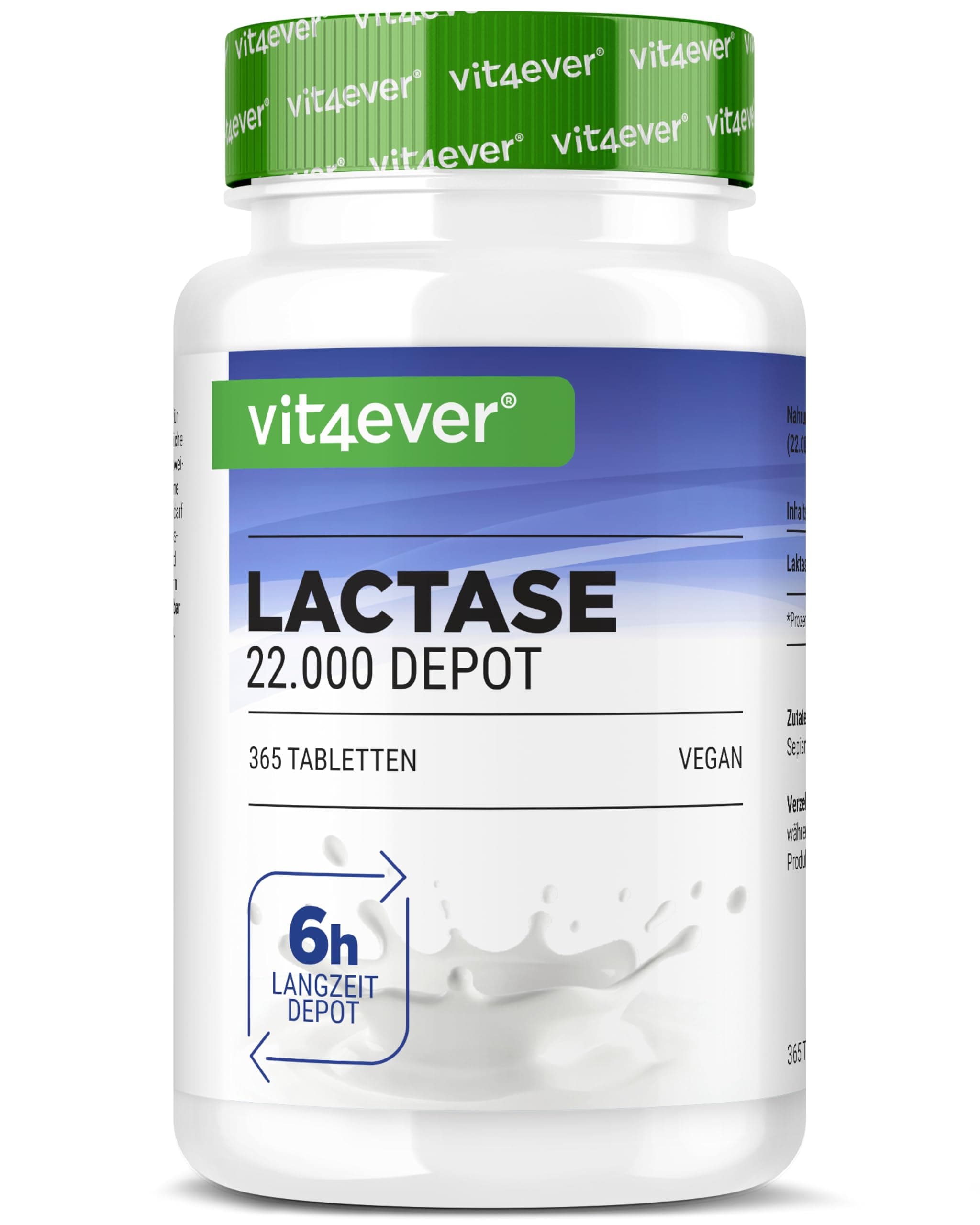 vit4ever Laktase 22.000 Depot - 365 Tabletten mit Depotwirkung (Sepismart® Slow Release) - Hochdosiert mit 22.000 FCC-Einheiten - Bei Laktoseintoleranz + Milchunverträglichkeit - Vegan