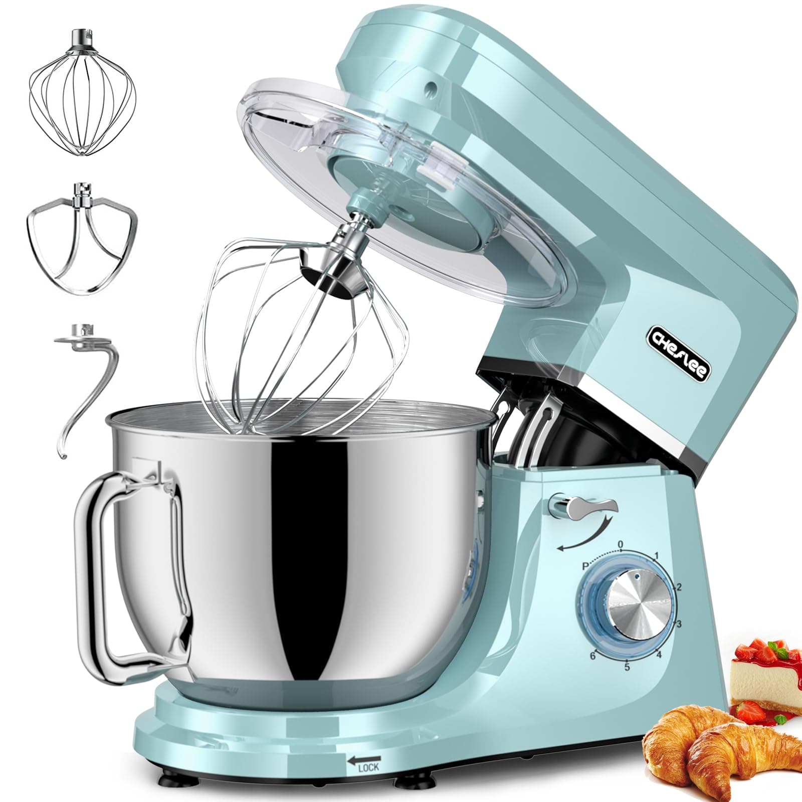 CHeflee Batidora Amasadora 2000W Amasadora de Pan Repostería, 6 Velocidades con Pulso, Potente y Bajo Ruido, 8 L Robot de Cocina Amasador Multifuncional