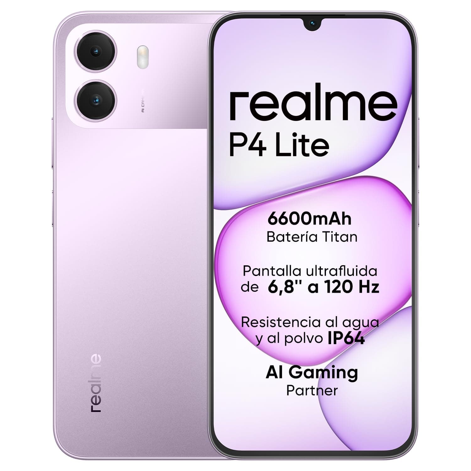 Smartphone realme P4 Lite 4G, 4GB+128GB, Pantalla LCD HD 120Hz 6,8", Batería Titan 6600mAh, Carga 15W, Carga inversa 6W, IP64 Antipolvo e Impermeable, Sistema Next IA, Púlsar Morado (Sin Cargador)