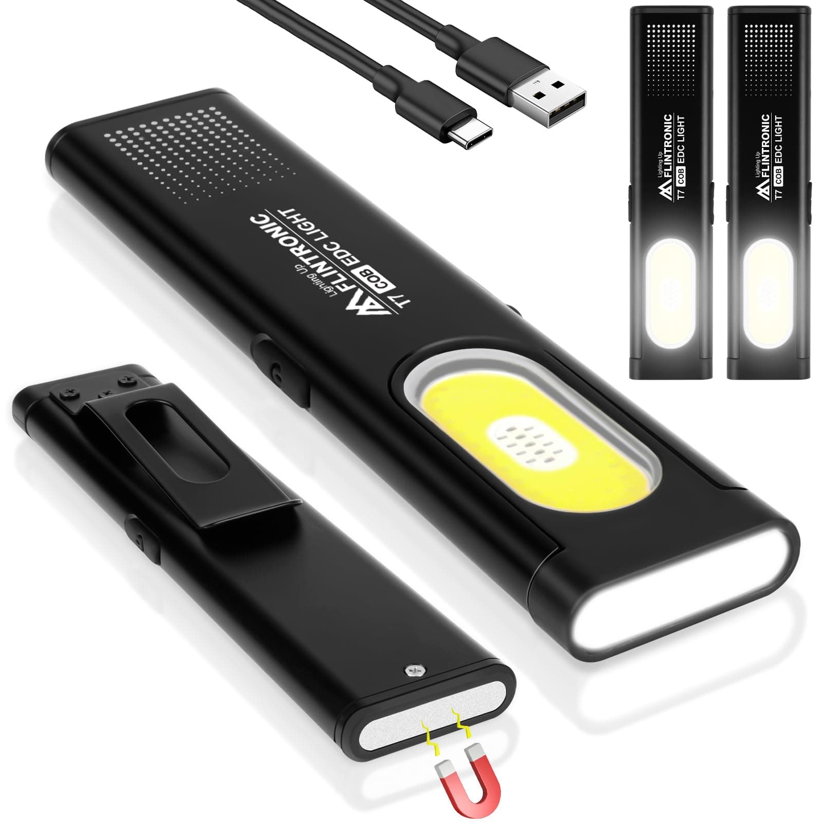 flintronic Mini Torcia Piatta, 2Pezzi Lampada da Lavoro COB Ricaricabile Ttramite USB C, 4 modalità di illuminazione, Lampada portatile per Auto/Campeggio/Home e di Emergenza Uso