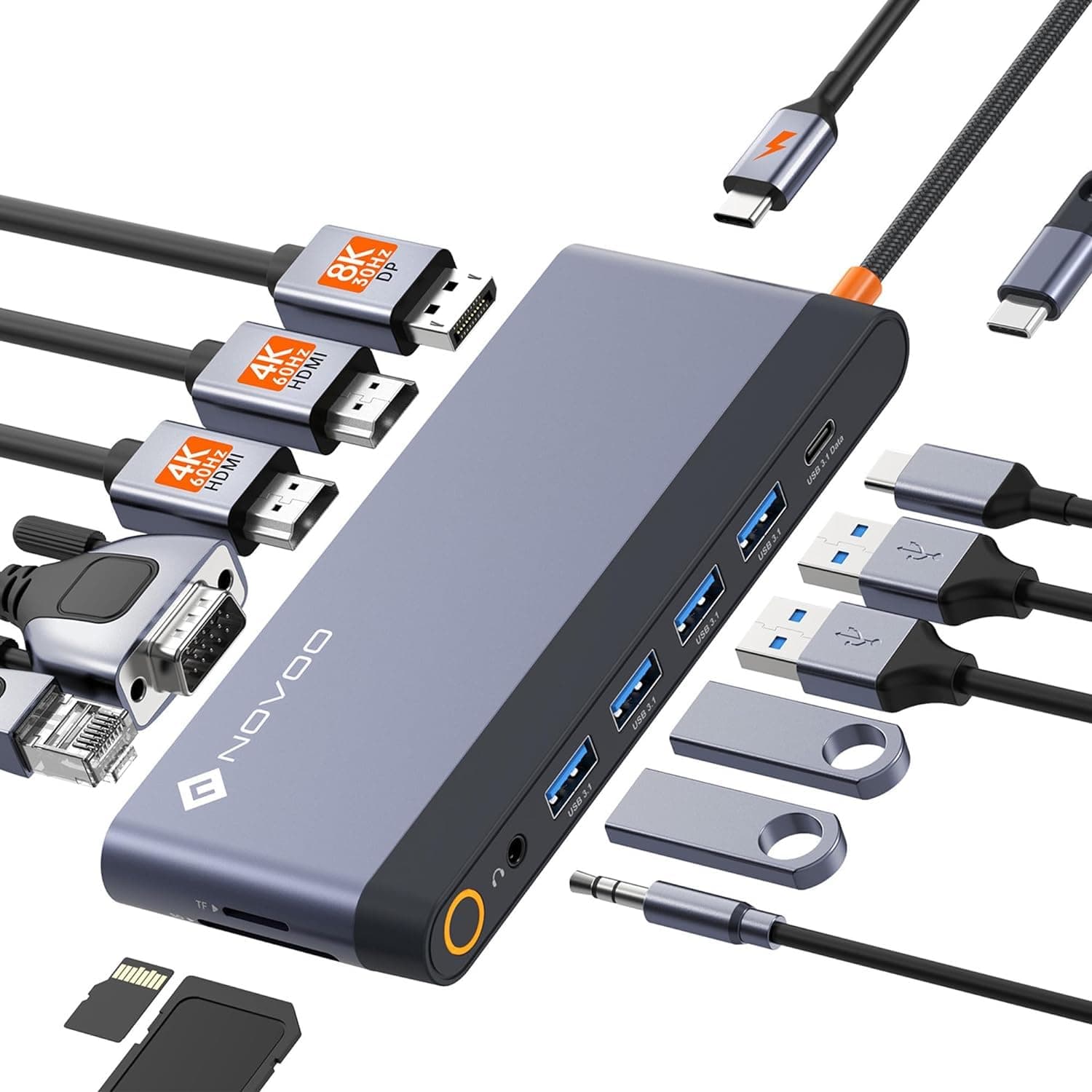 NOVOO Docking Station Double Moniteur, Hub USB C Dual HDMI 4K 60Hz, Displayport, VGA, Gigabit Ethernet, PD 100W, USB x5, SD/TF et 3.5mm Audio, Station d'accueil pour MacBook HP Lenovo Dell
