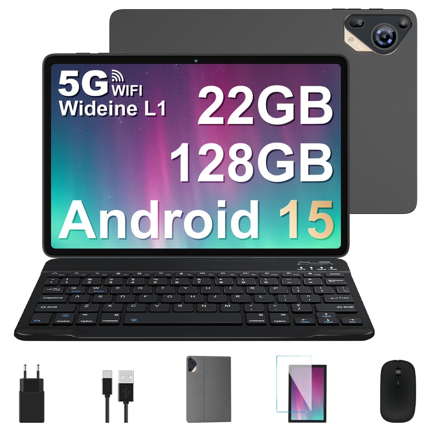 Tablet 10 Pulgadas Android 15 con Gemini AI, 22GB RAM + 128GB ROM (Ampliable 2TB), Tablet con Teclado y Ratón, Widevine L1, WiFi 5G, Batería 8000mAh, Pantalla IPS HD, Cuerpo Metálico – Gris Espacial