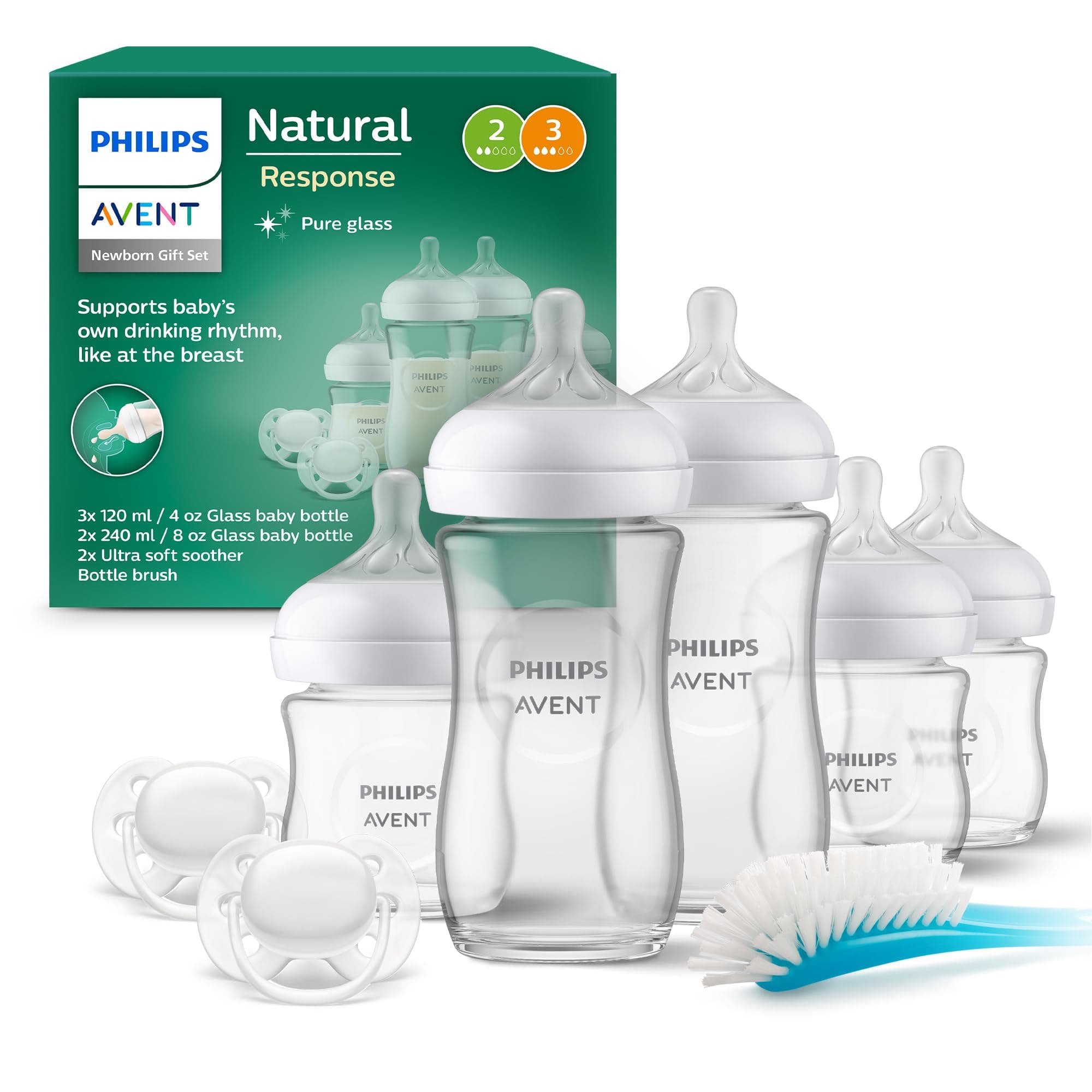Philips AVENT Natural Response Glas-Geschenkset für Neugeborene – 3 x 120 ml und 2 x 240 ml Babyflaschen, 2 x ultra soft Schnuller 0–6 Monate, Flaschenbürste, BPA-frei (Modell SCD879/11)