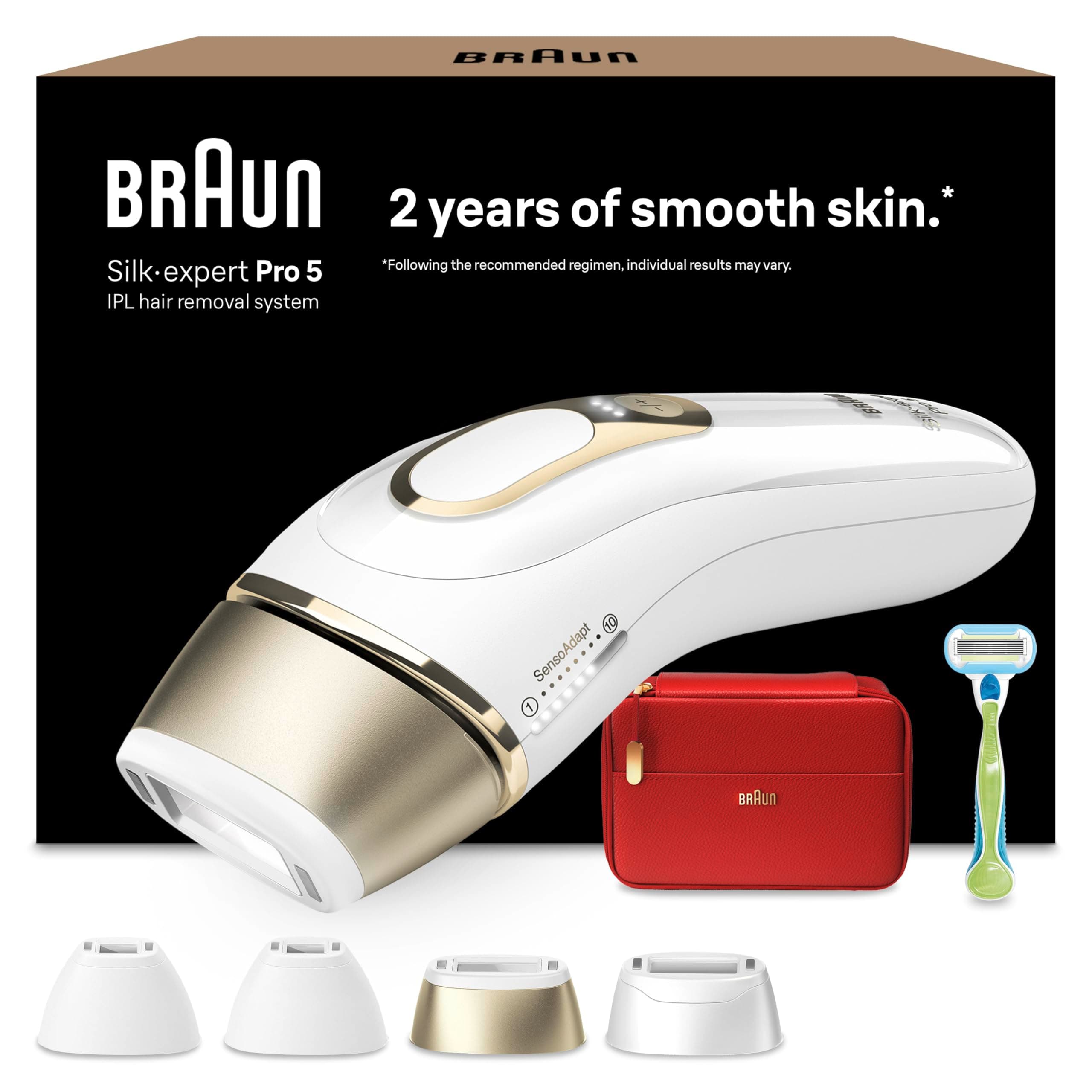 Braun Luz Pulsada Silk·expert Pro 5, Alternativa a Depiladora Laser, Eliminación del Vello en Casa, Depiladora IPL con Funda, Maquinilla Venus, 4 Cabezales para Cara Y Cuerpo, Blanca/Dorada, PL5382