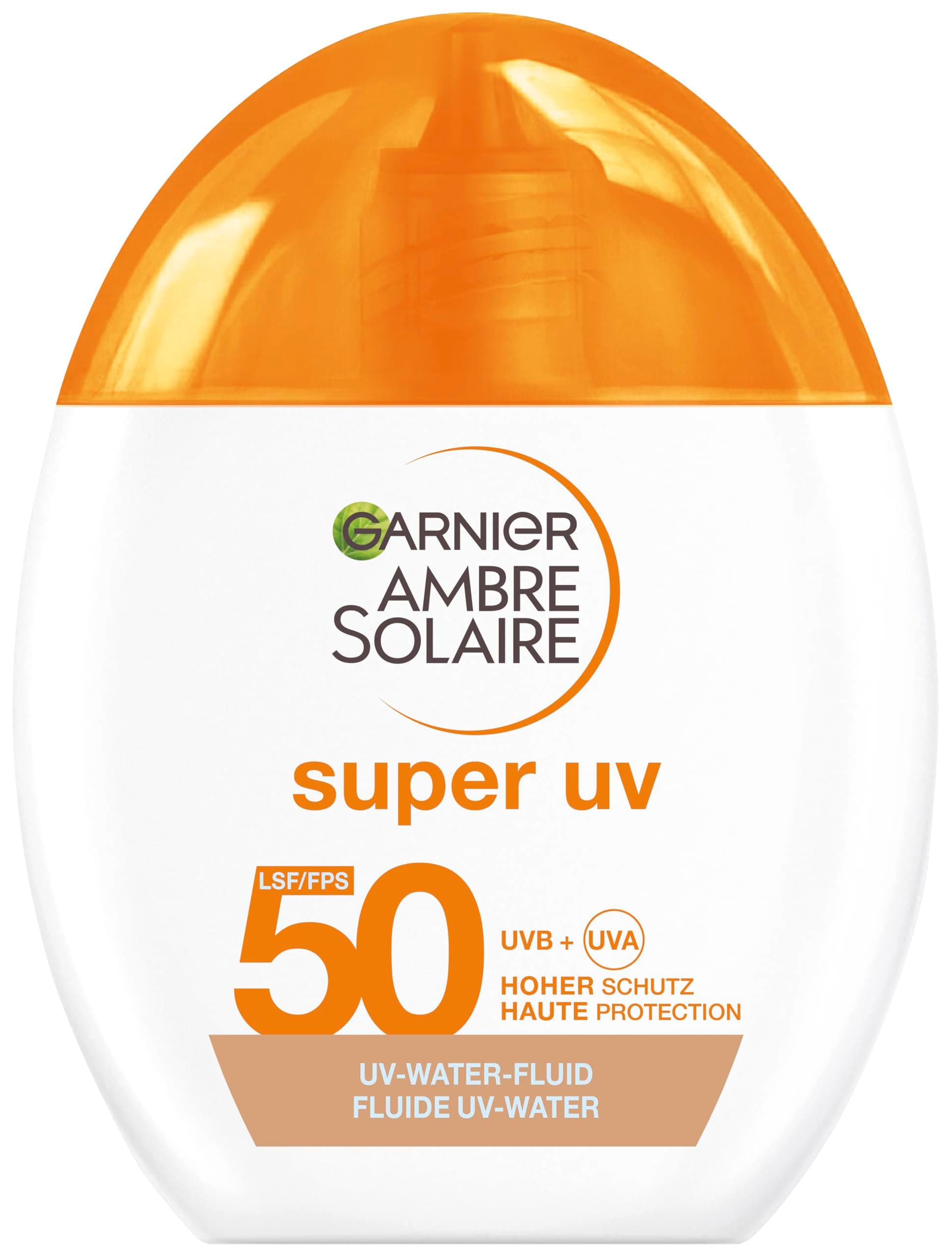 Garnier Ambre Solaire Super UV UV-Water-Fluid LSF 50 – Getönte Sonnencreme für das Gesicht – 12h Frische & Dry-Touch Effekt – Zieht schnell ein, strahlender Glow & nicht fettend – 40ml