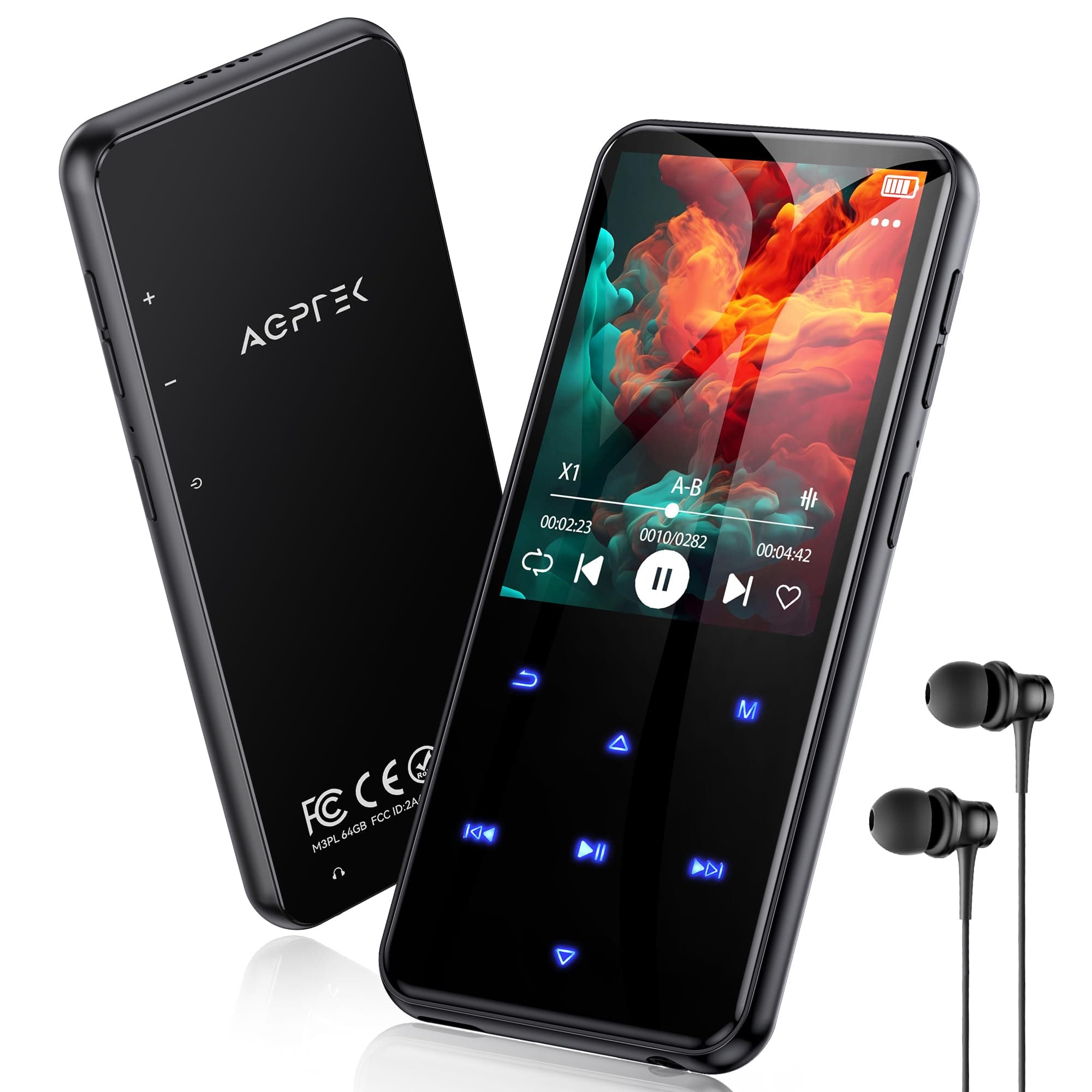 AGPTEK 64Go MP3 Bluetooth avec Haut-Parleur, 2.4" Grand Écran Lecteur MP3 en Métal Qualité Sonore HiFi Audio MP4 Baladeur Sport de Bouton Tactile Radio FM Podomètre Enregistreur 60H de Musique-Noir