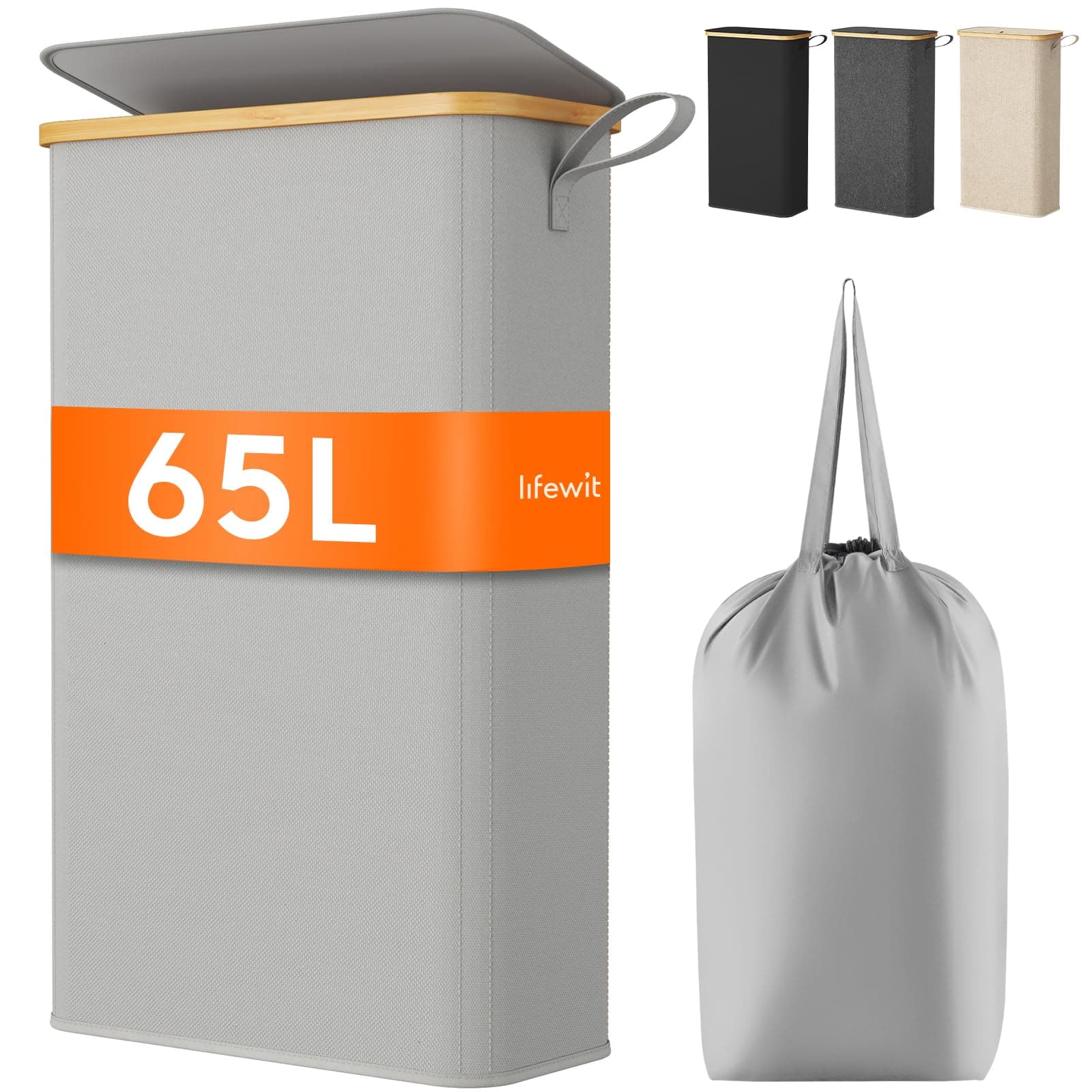 Lifewit 65L Wäschekorb Schmal mit Deckel, Faltbarer Wäschesammler Schmal mit Wäschesack, Laundry Basket Wäscheboxen aus Bambus mit Tragegriff für Apartment, Wohnheim und Wohnwagen, Silbergrau