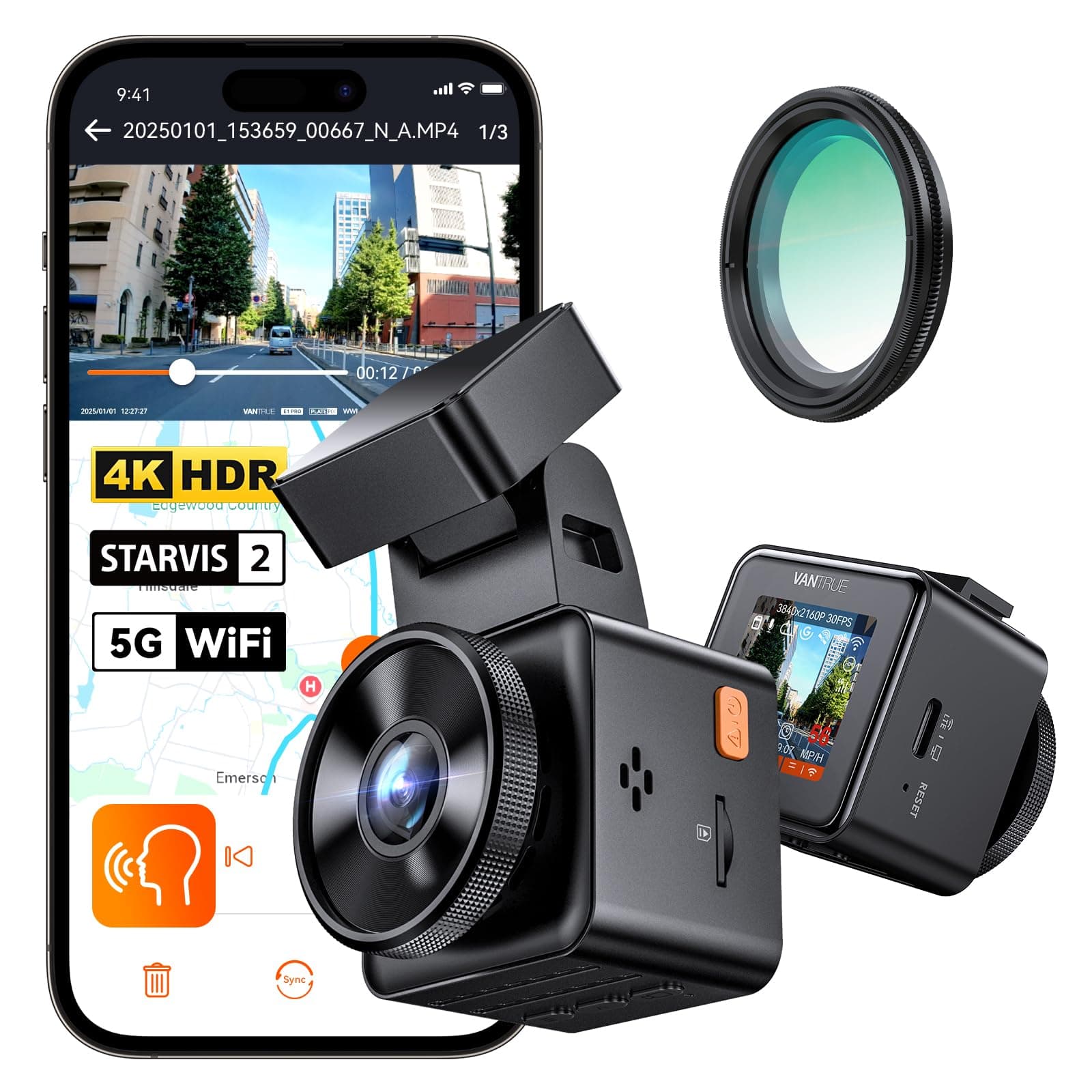 VANTRUE E1 Pro 4K Mini cámara de salpicadero Frontal, STARVIS 2 Plate Pix™ HDR, GPS WiFi 5G Integrado, Control de Voz, Modo de estacionamiento con búfer 24/7, Compatible con 1 TB máx.