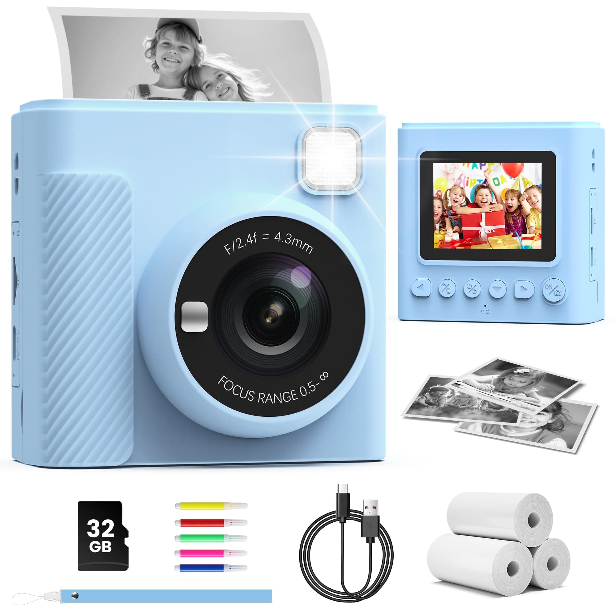 TIATUA Macchina Fotografica Istantanea, 2.4 Pollici 1080P Fotocamera Digitale per Bambini con 32GB Scheda & Papier Photo, Regalo di Natale 3-12 Anni