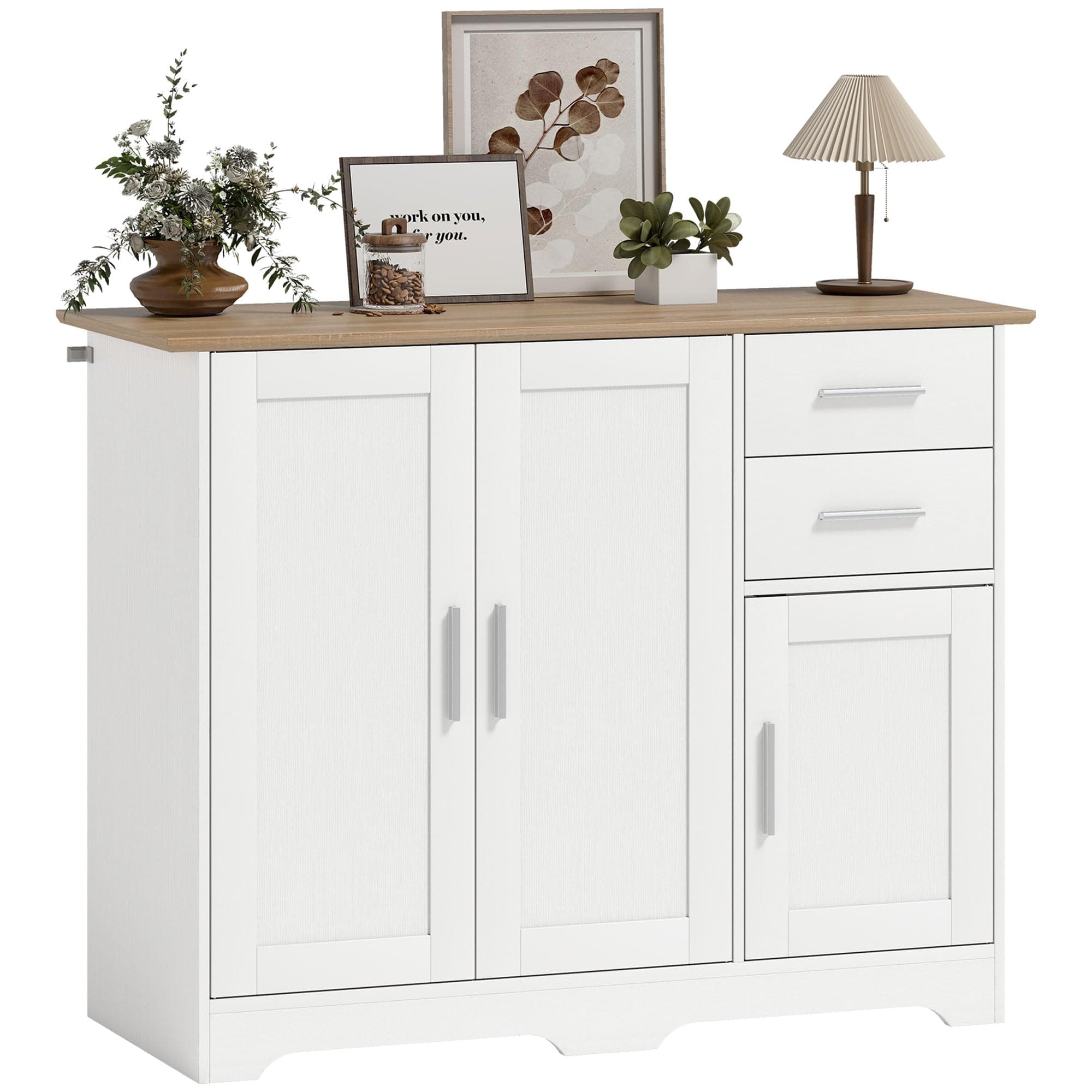 HOMCOM Buffet Salon, Meuble de Rangement avec 2 tiroirs, 3 Portes et étagère réglable, Style Contemporain, Buffet Salle à Manger et Cuisine, 100 x 40 x 78 cm, Blanc et Bois Naturel