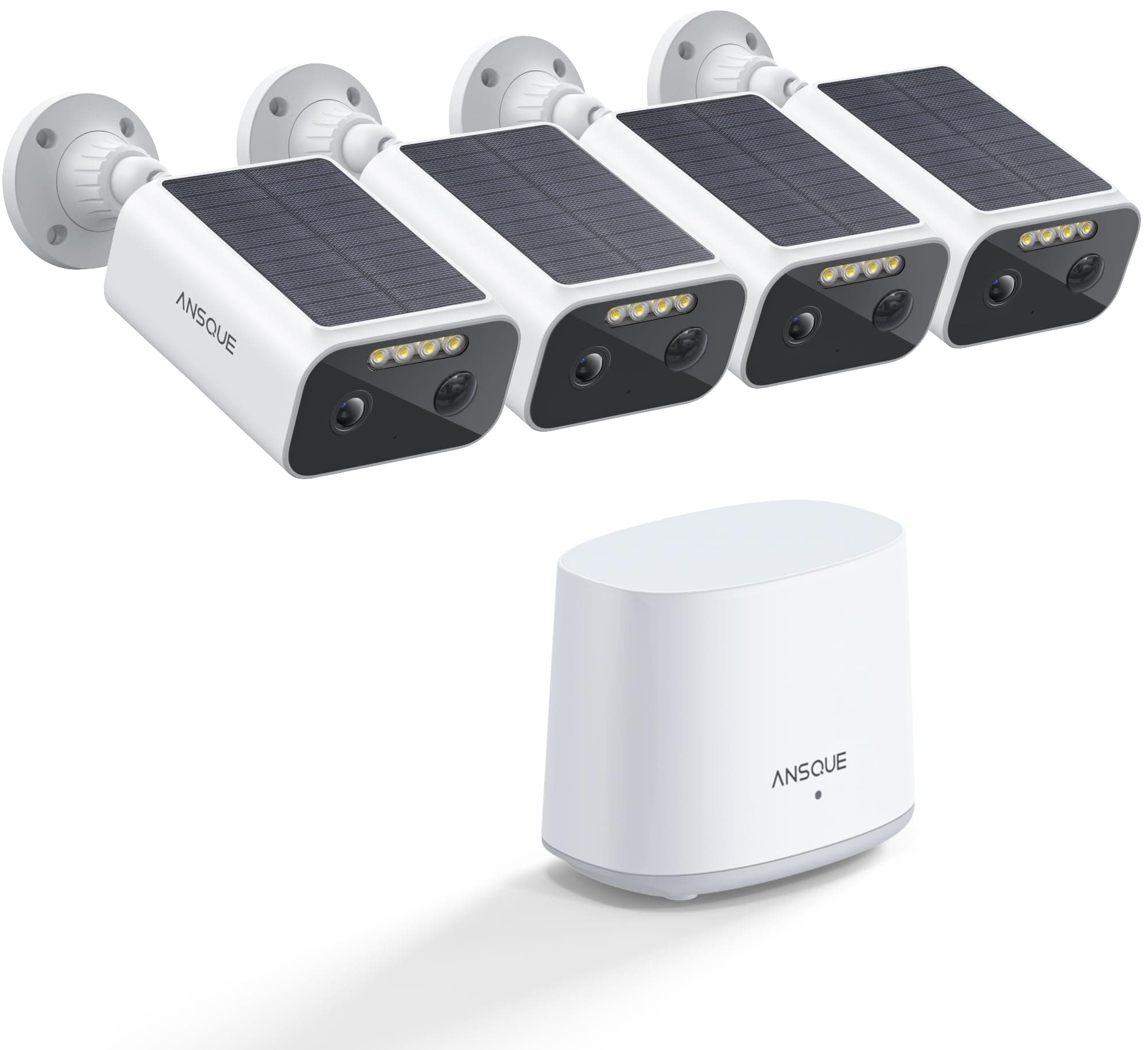 ANSQUE 2K 3MP Camera Surveillance WiFi Exterieure sans Fil Solaire – Batterie 365 Jours, Kit 4 Cam + Home Station, 32 Go Stockage Local sans Abonnement, AI Détection Humaine, Vision Nocturne Couleur