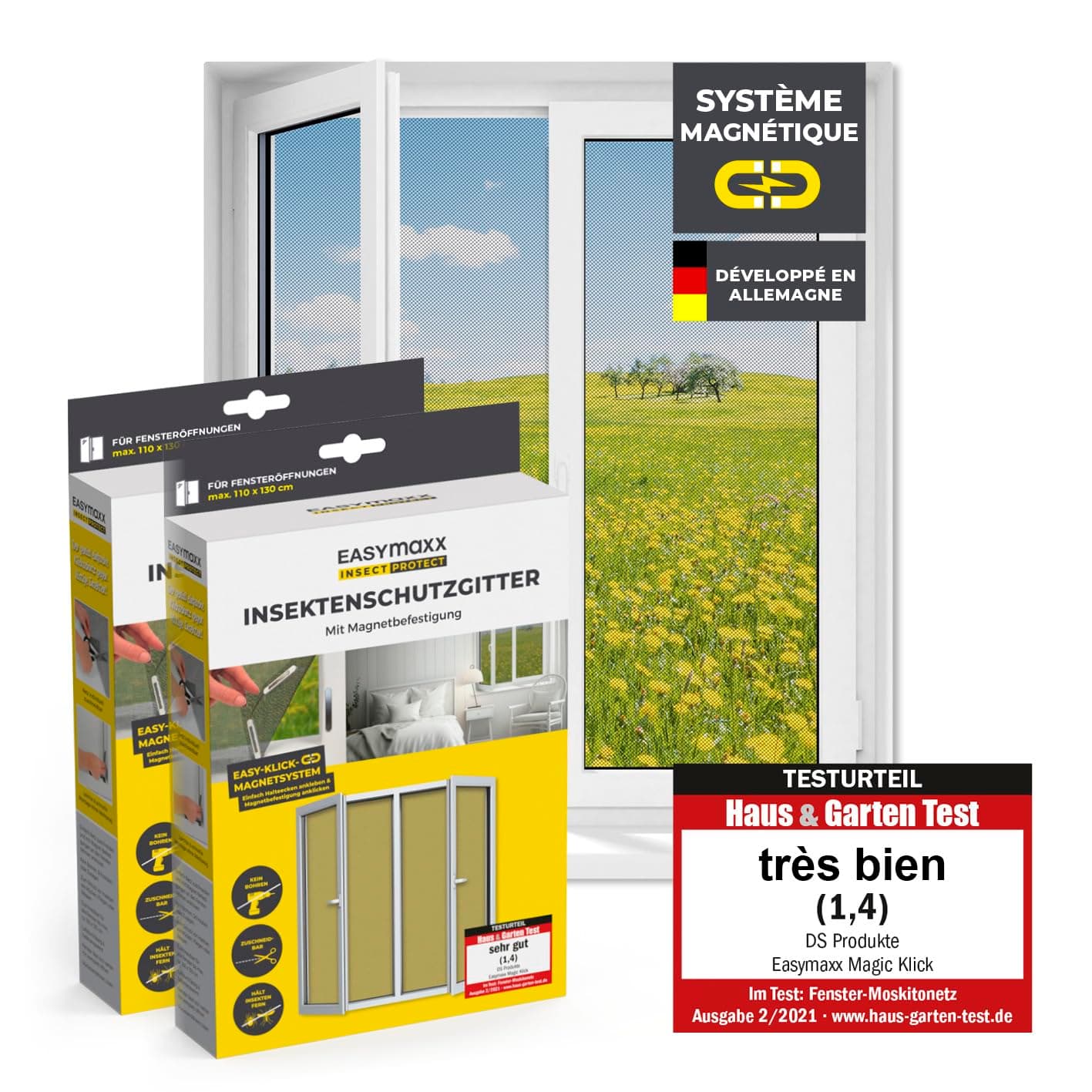 EASYmaxx Moustiquaire de fenêtre avec Fixation magnétique innovante | Moustiquaire jusqu'à 110x130 cm découpable Individuellement, Pas de perçage ni de vissage | Fixation avec 12 aimants [2 Pièces]