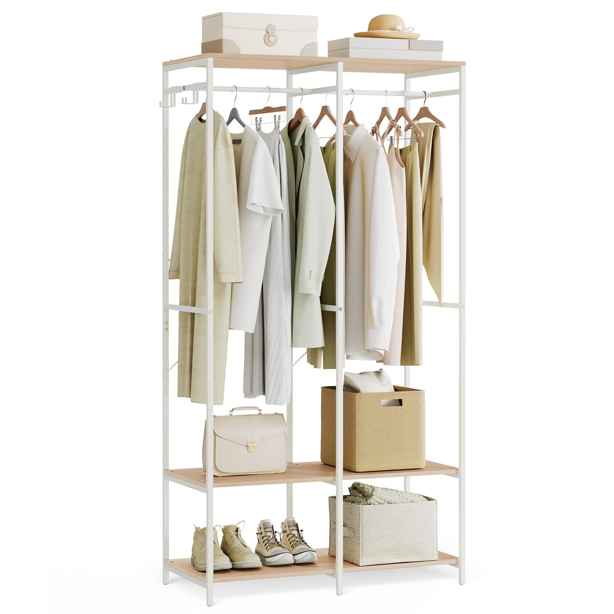 SONGMICS Kleiderschrank offen, Kleiderständer, Garderobenständer, Garderobe mit Kleiderstange, Ablagen, abnehmbare Haken, 40 x 94,5 x 180 cm, naturbeige RGR004W67