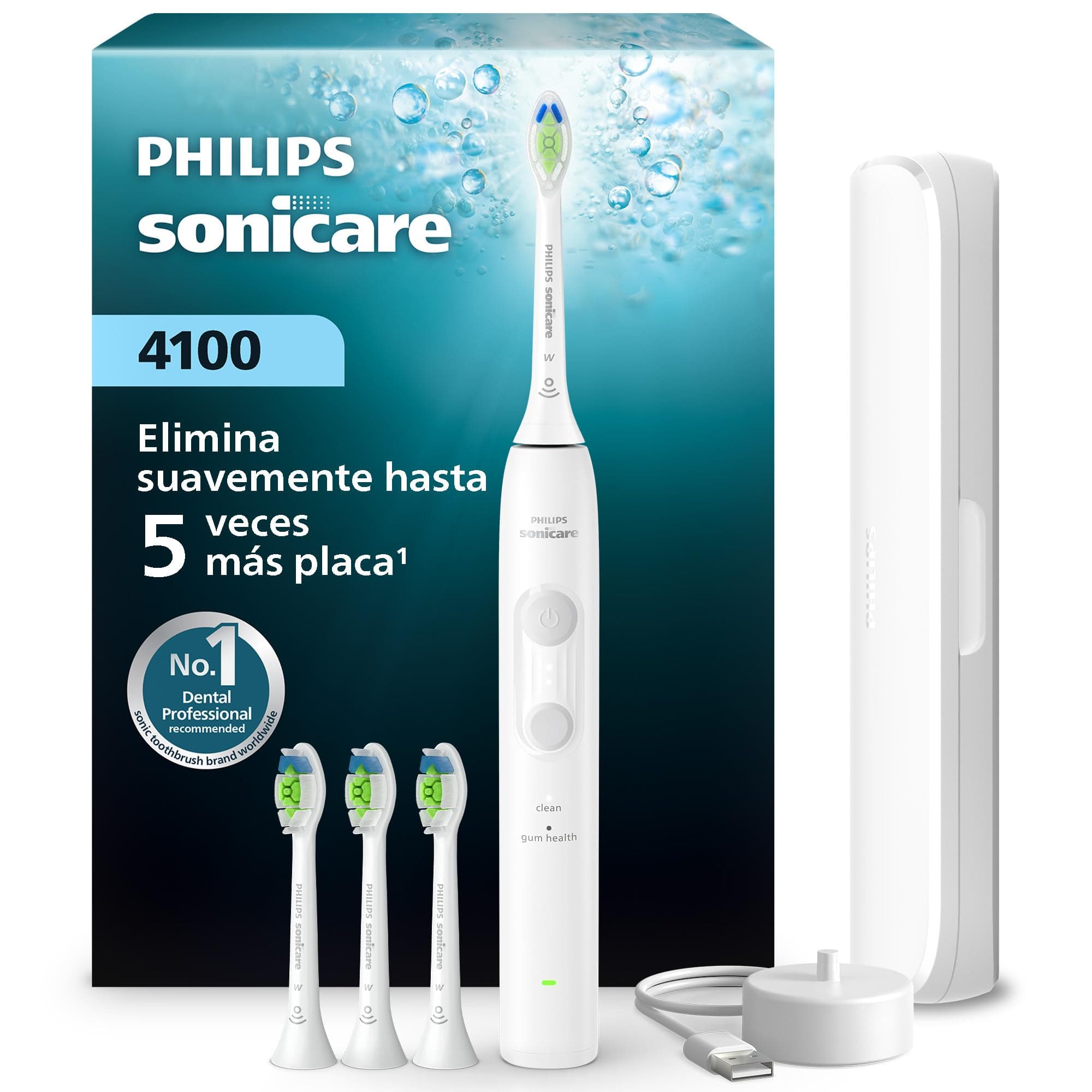 Philips Sonicare Serie 4100 - Cepillo dental sónico con sensor de presión, 4 ajustes de cepillado, función EasyStart, SmarTimer, autonomía de 21 días, estuche, blanco, HX4046/41, [Nuevo]
