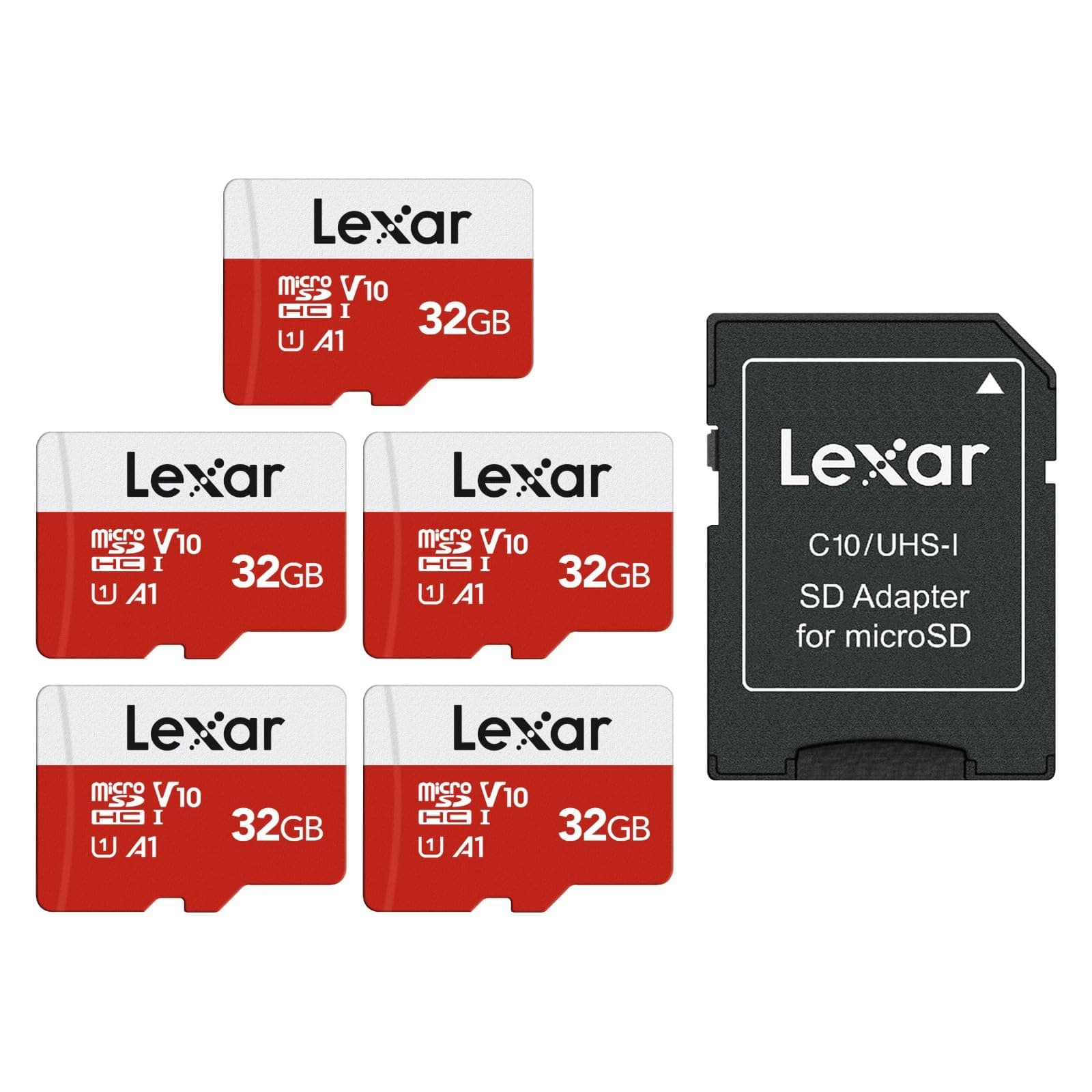 Lexar Tarjeta Micro SD de 32 GB con Adaptador, 5 Paquetes, hasta 100 MB/s | A1, U1, C10, V10, Memoria microSDXC , Micro SD Card para Nintendo Switch, Tableta, Videocámara