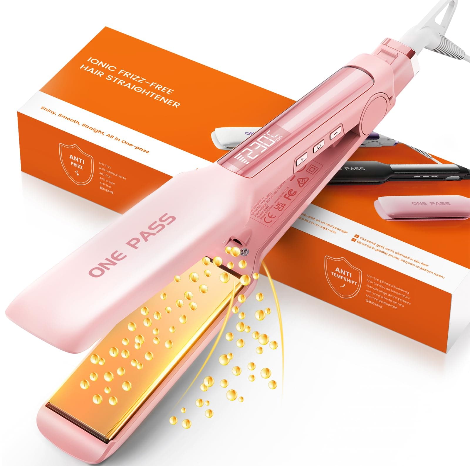 Faszin Plancha de Pelo con Placa de 42 mm de Ancho, Plancha de Titanio con Iones Negativos, Pantalla LED, Calentamiento Rápido de 30 s, Temperatura Ajustable de 11 Niveles (130-230 ℃)(Rosado)