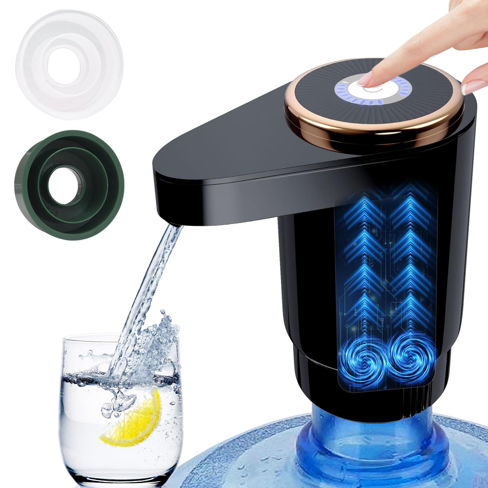 EasySpeed Dispensador de Agua de Doble Velocidad | Recargable 1200mAh Bomba de Grifo para Botellas con 2 Adaptadores | Compatible con Garrafas de 3 a 20 litros | para Camping, Casa & Oficina, Negro