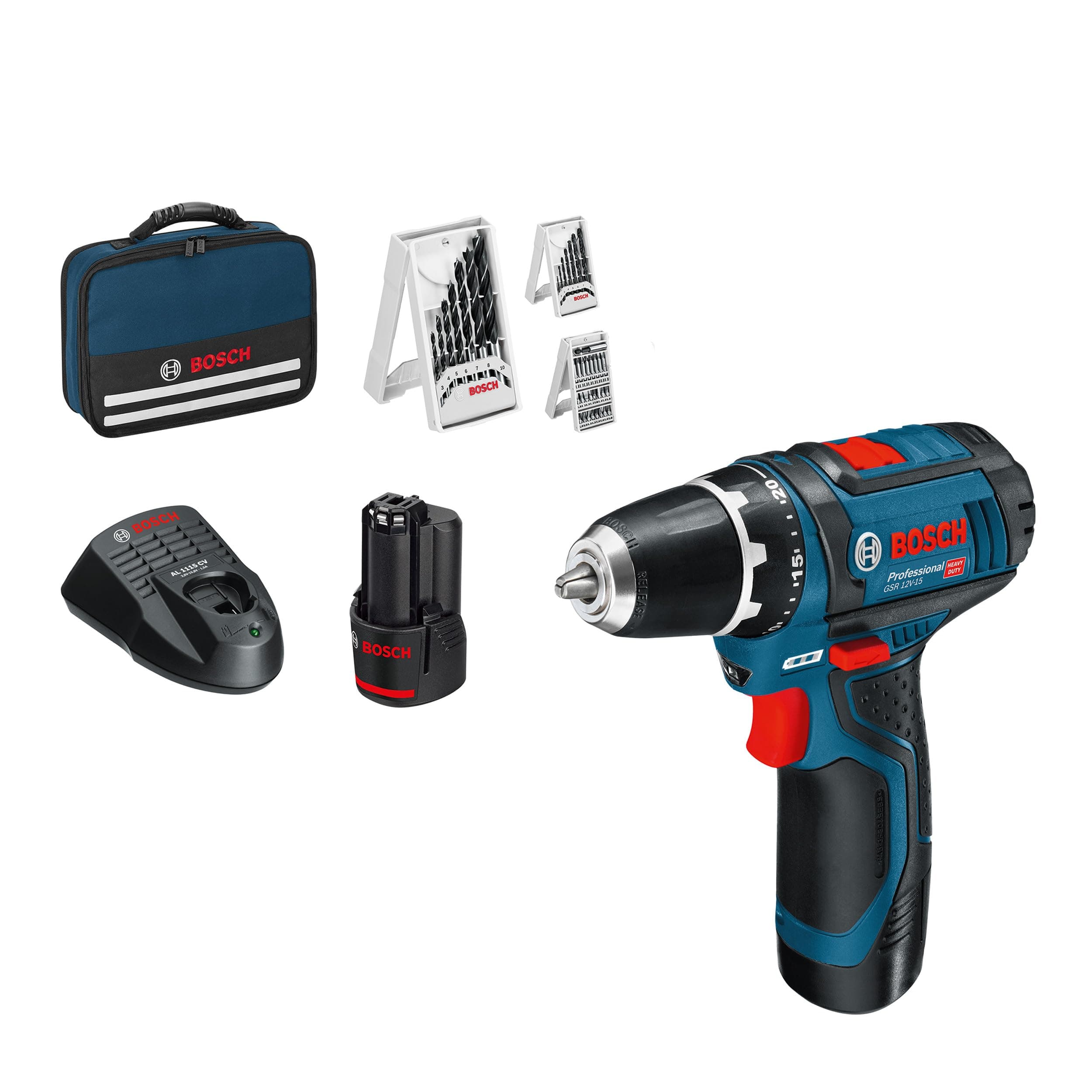 Bosch Professional 12V System Akku Bohrschrauber GSR 12V-15 (inkl. 2x2.0 Akku, Ladegerät, 39tlg.-Zubehör-Set, Werkzeugtasche) - Amazon Exclusive
