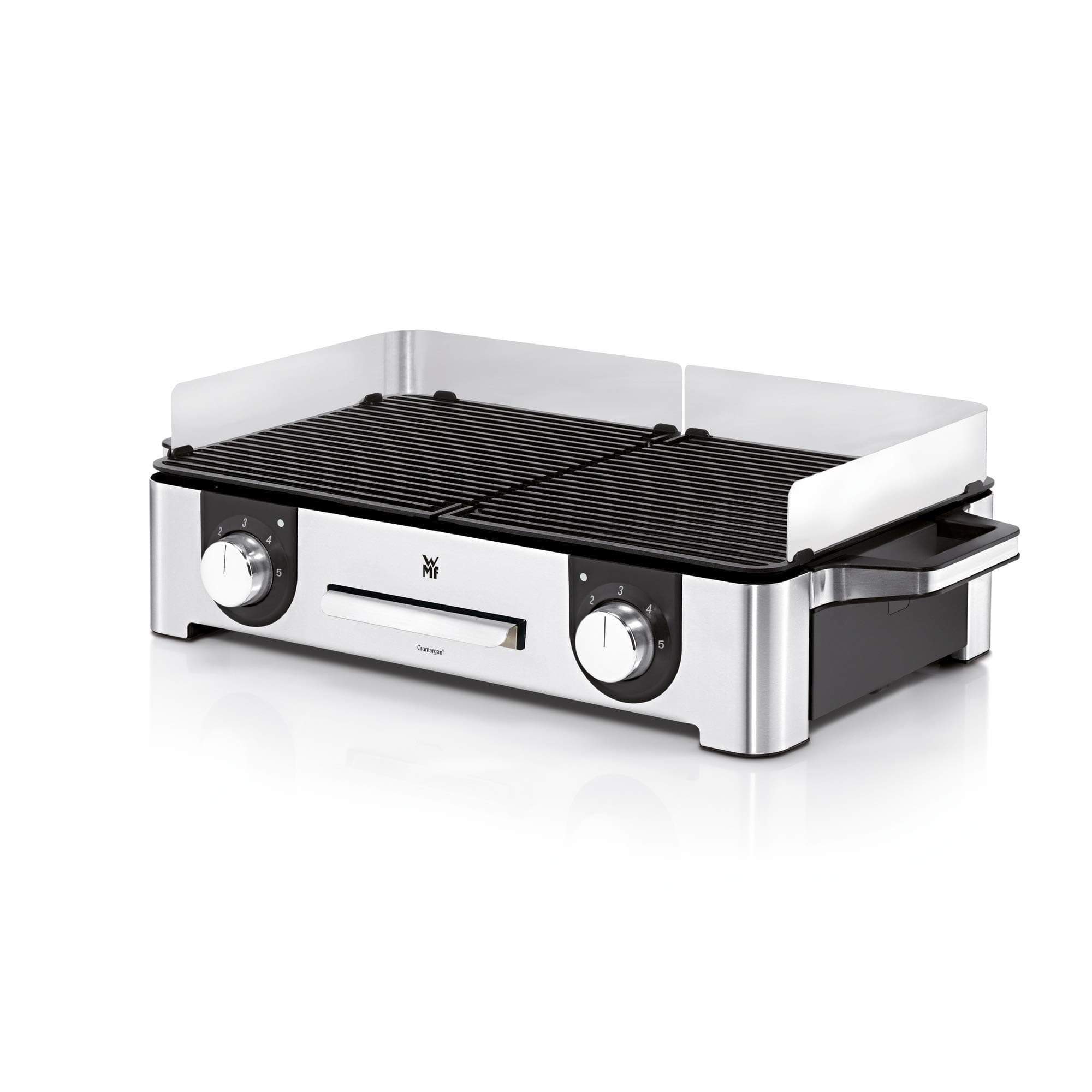 WMF Lono - Mastergrill, Parilla Eléctrica 2400W, Superficie Antiadherente, 2 Placas Desmontables con Regulador Temperatura Individual, Acabados de Acero Inoxidable Cromargan, Color Plateado/Negro