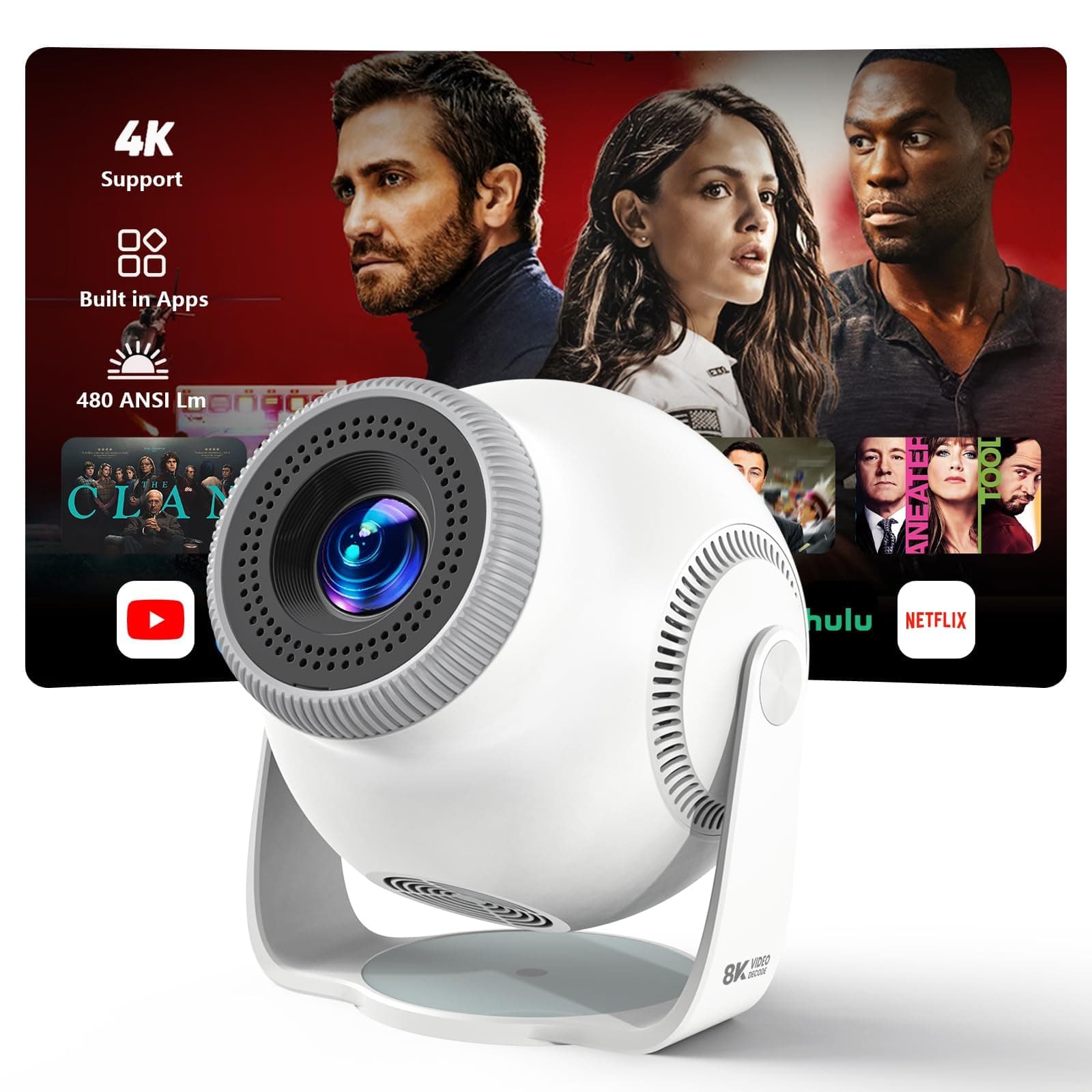 [App intégrée] Mini Projecteur Portable WiFi 6 et Bluetooth 5.4, 480 ANSI Lumens, Vidéoprojecteur 1080P et Décodage 4K, Projecteur Vidéo pour Chambre, Cinéma à Domicile et Extérieur