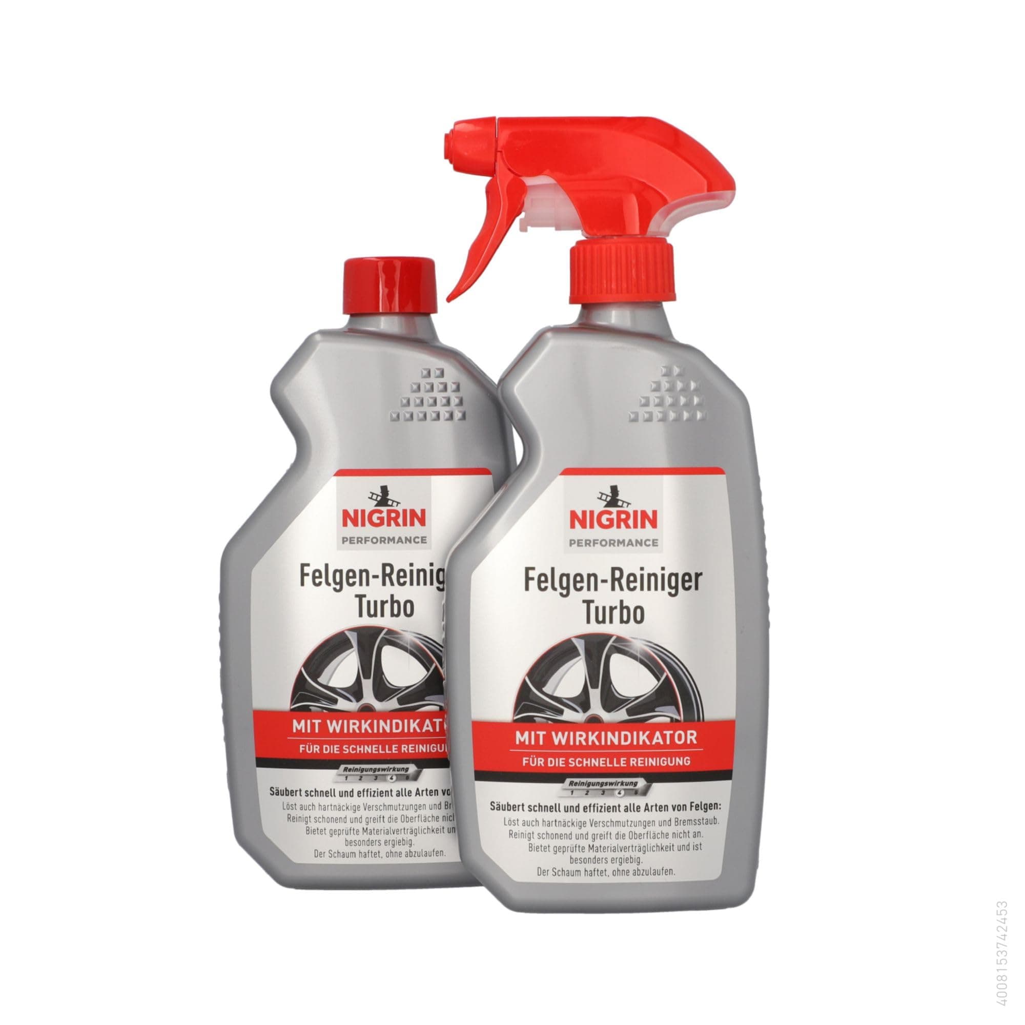 NIGRIN Peformance Turbo Felgenreiniger, 2x 0,5 Liter, selbstaktiver Reiniger für alle Felgen, säurefrei, mit Wirk-Indikator