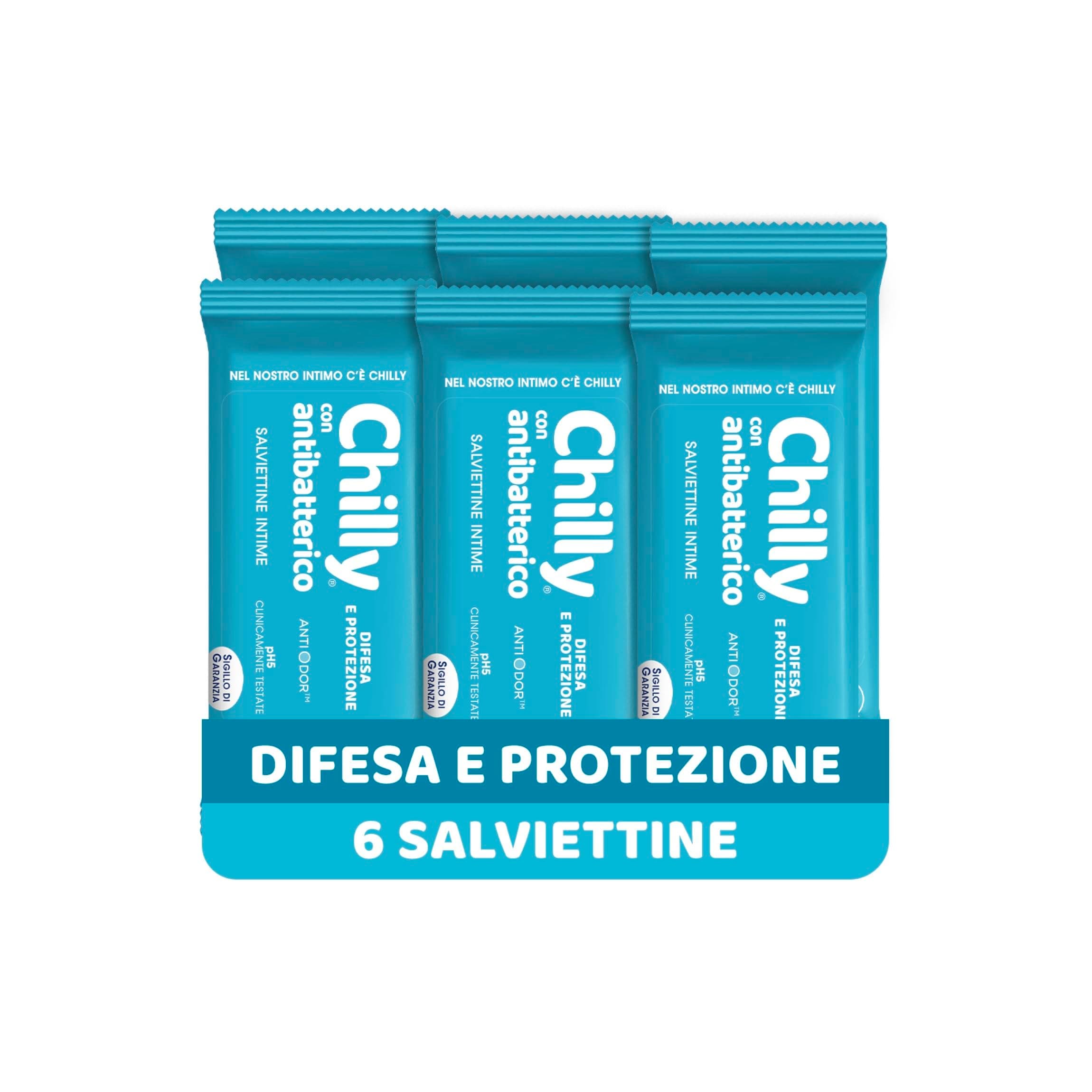 Chilly Salviettine con Antibatterico, Salviette per l'Igiene Intima, Azione di Difesa, Tessuto 100 % Biodegradabile, Ottimi Fuori Casa, PH 5, Clinicamente Testato, Confezione da 6 Pezzi