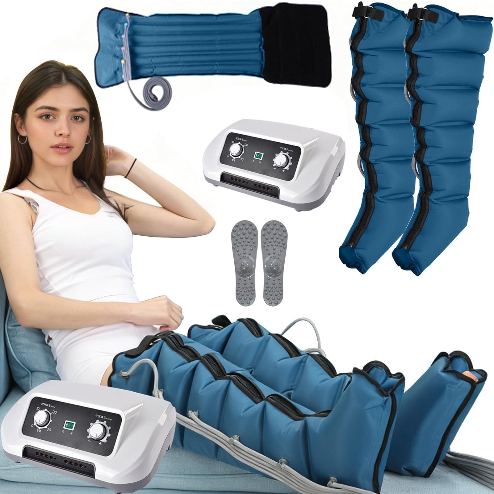 Presoterapia para Casa Talla Grande Piernas y Abdomen, Botas Maquina de Presoterapia profesional para Casa Completas Piernas y abdomen 6 Camaras, 0-240 Mmhg Ajustables (Azul, 2piernas + abdomen L)