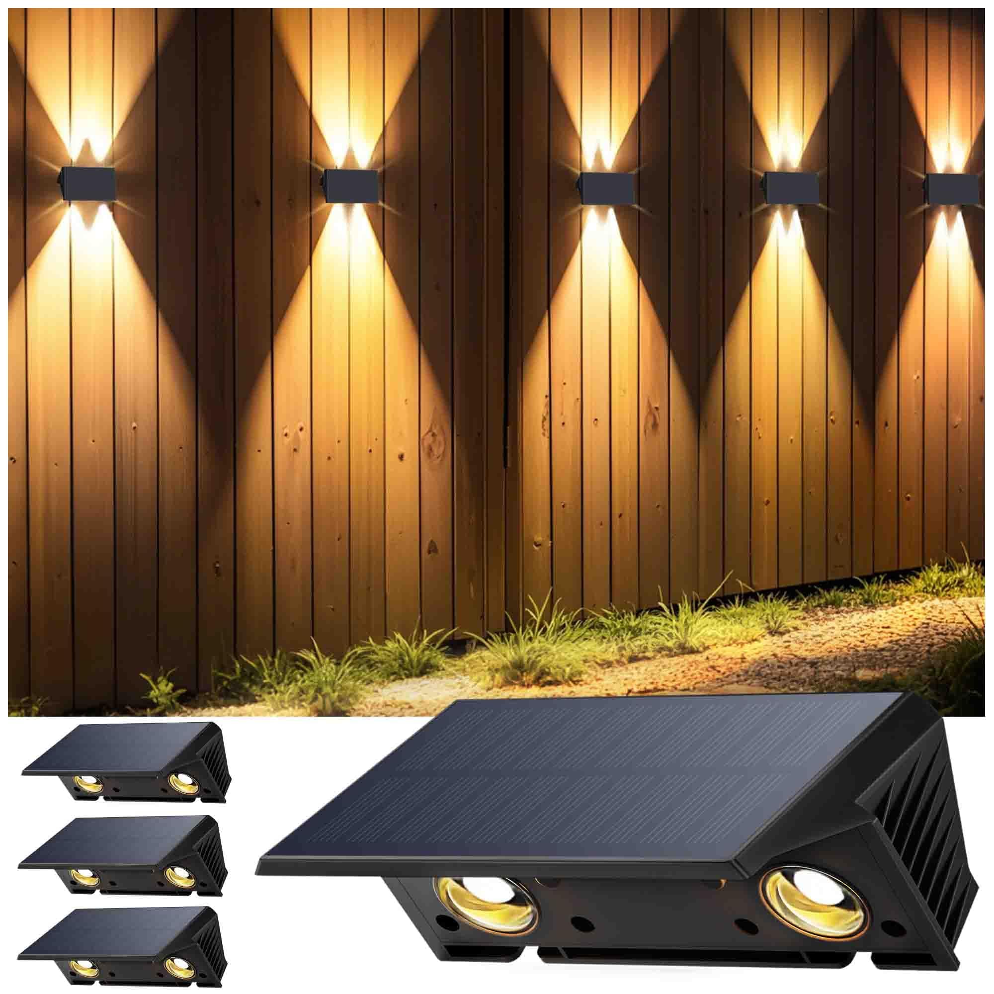 IIRARA Aplique Solar Exterior, Lámparas Solares Exteriores Arriba Y Abajo IP67 Impermeable,Luces Solares Exterior Jardín Inalámbricas De 4 Led Adecuadas Para Patio Balcón Valla 4*Blanco CáLido