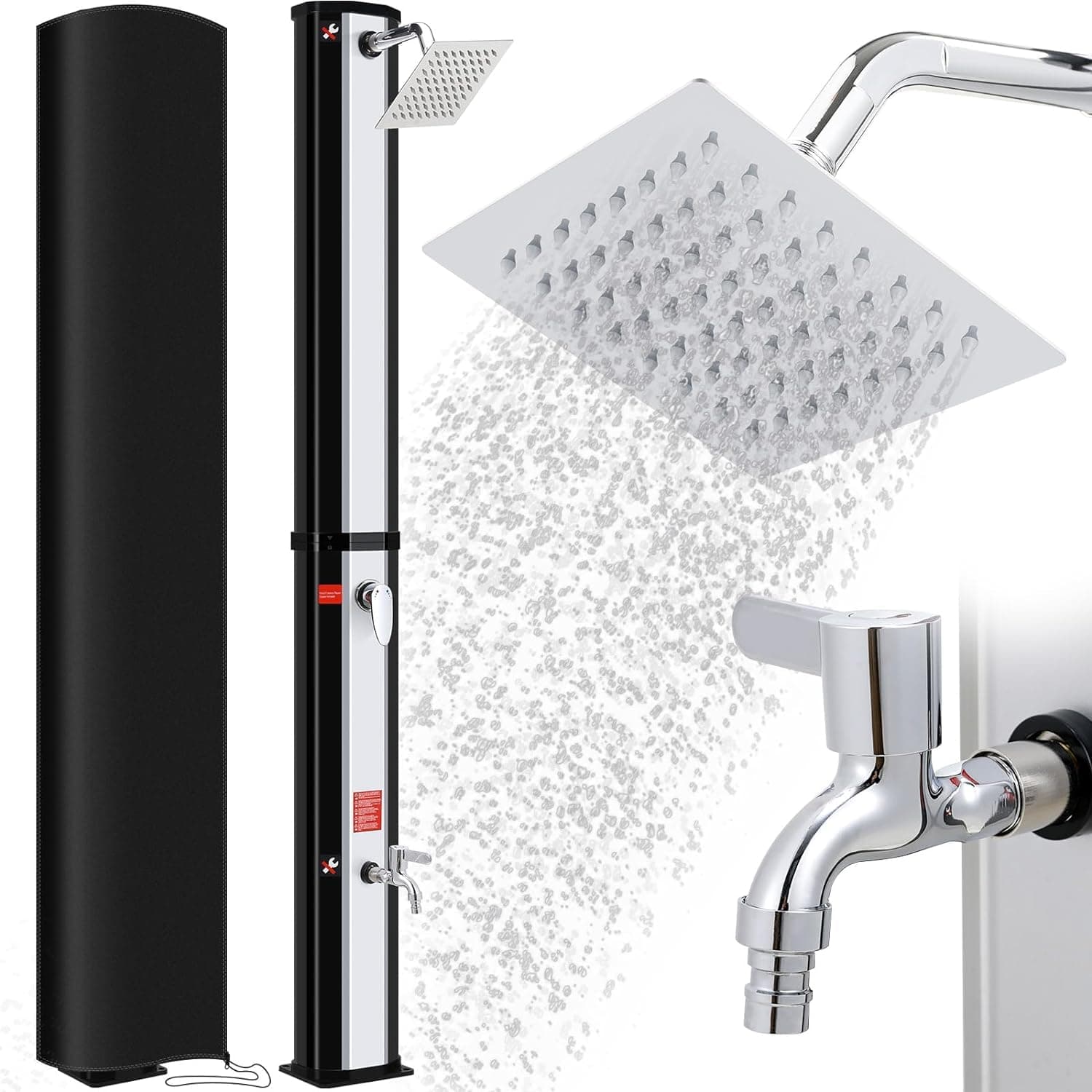 Ducha Solar 40 litros, 225cm, Ducha de Jardín con Cabezal de Ducha Giratorio, Ducha de Pies, Conexión para Manguera de Jardín y Cubierta Protectora, Agua Caliente máx. 60 °C, sin Conexión Eléctrica