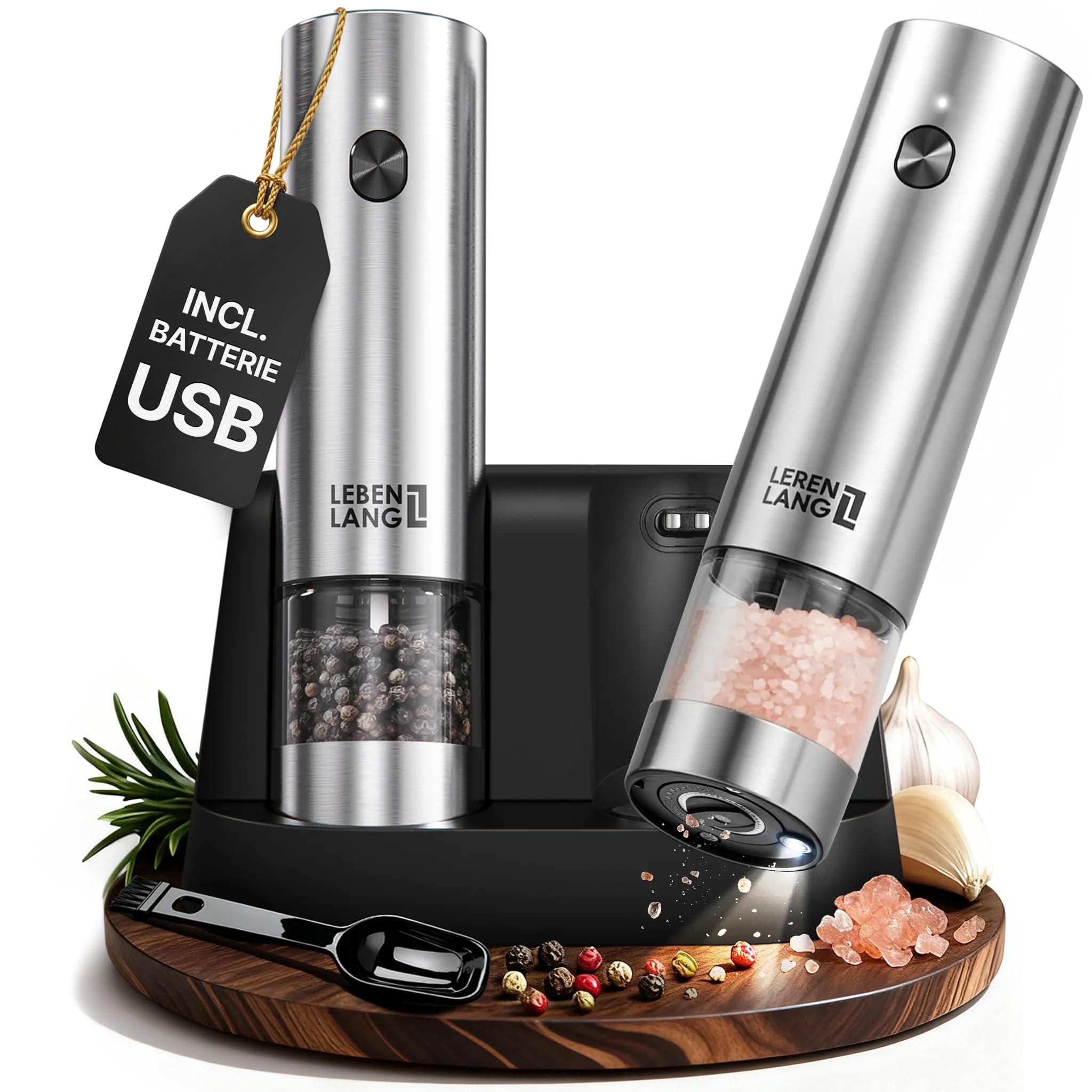 LEBENLANG Moulin à sel et poivrier electrique rechargeable - Avec batteries et accessoires & Pour sel gros I Moulin sel poivre electrique a sel électrique moulin a poivre