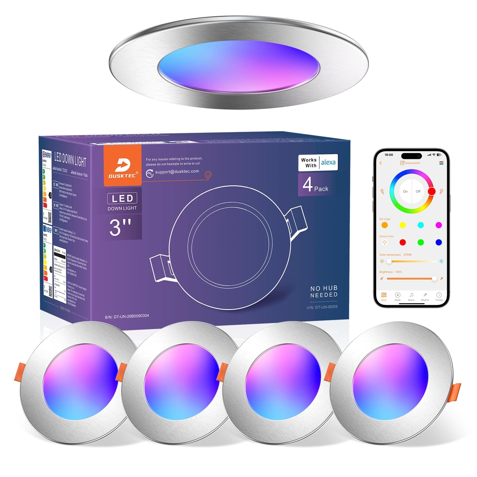 DUSKTEC Spot LED Encastrable Nickel, Lot de 4, 220V Spot Encastré RGB Couleurs Connectée Alexa, Intensité Réglable Blanc Chaud et Froid 7W 68mm, IP44 Spot LED Plafond Salle de Bain Multicolore