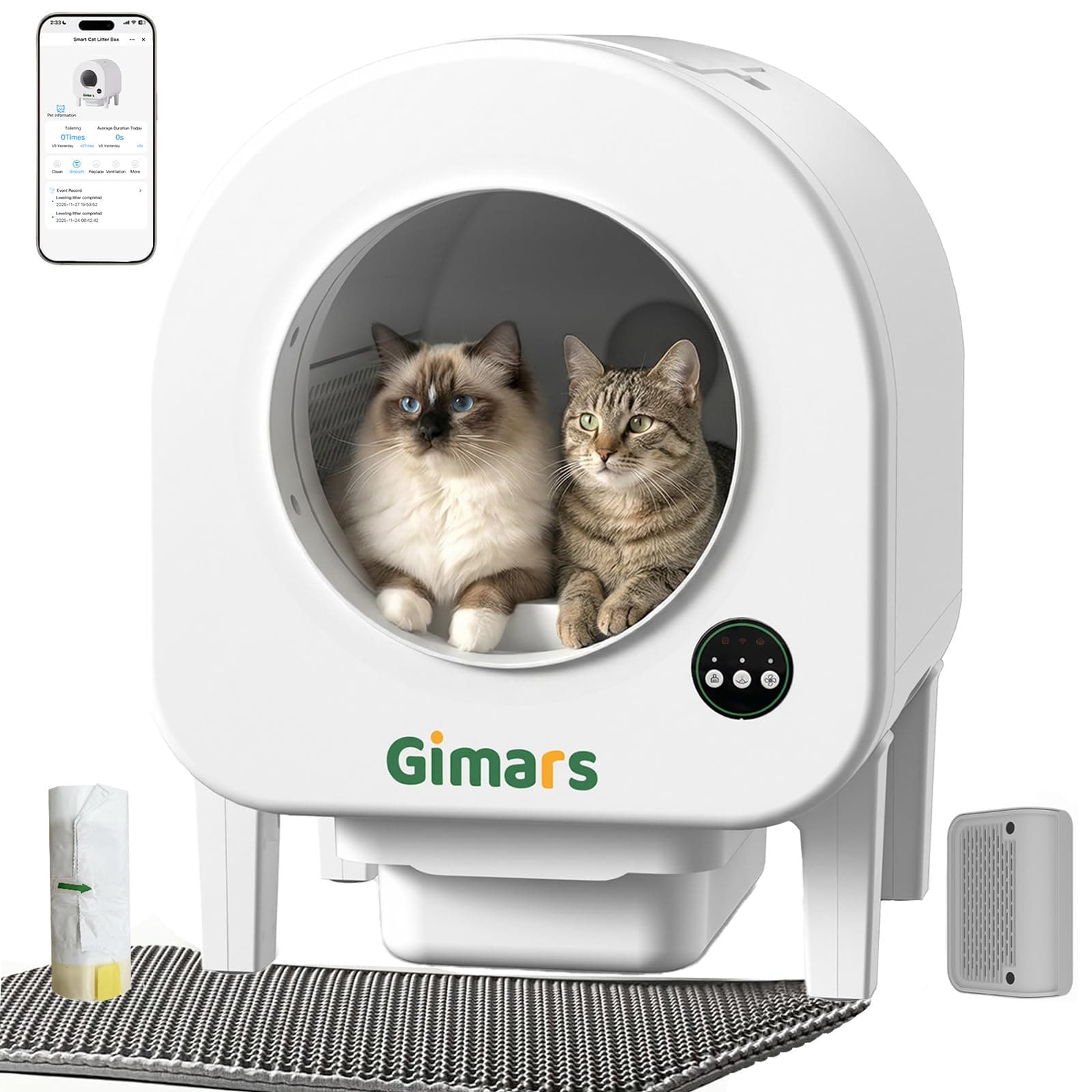 Gimars Litière pour Chat XXL 90 L Anti-pincement avec contrôle par Application, bac à litière Automatique pour Chat avec Tapis, Sacs poubelles et marchepied, Triple capteurs et contrôle des odeurs