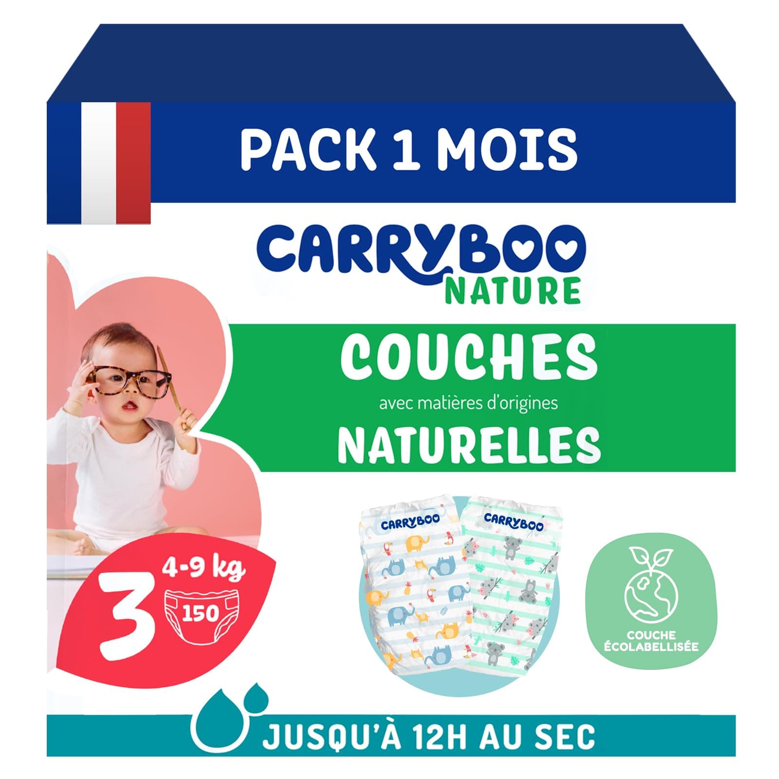 CARRYBOO - Couches Taille 3 (4-9kg) - Peaux sensibles - Naturelles et Ultra absorbantes - 12h Anti-fuites - Sans ingrédients indésirables - Fabriquées en France - 150 Couches Jetables - Pack 1 Mois