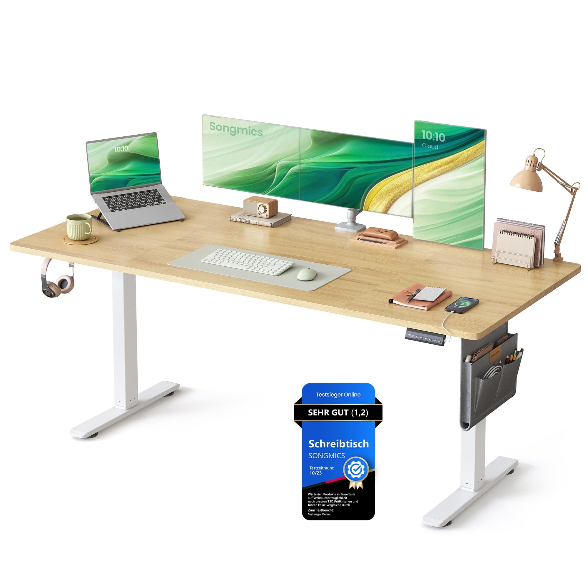 SONGMICS Höhenverstellbarer Schreibtisch elektrisch, 180 x 80 cm, Memory-Funktion mit 4 Höhen, USB-C-Anschluss, goldeichenfarben LSD138YA01