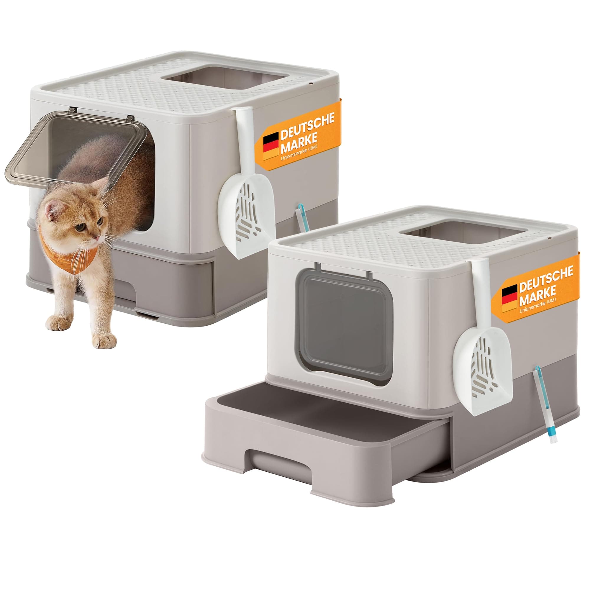 Feandrea Katzenklo 2er Set, Katzentoilette, mit Deckel, ausziehbares Tablett, Schaufel, Bürste, für Katzen bis 15 kg, weniger Spuren, auslaufsicherer Boden, haferflockenfarben-warmgrau PPT001G10