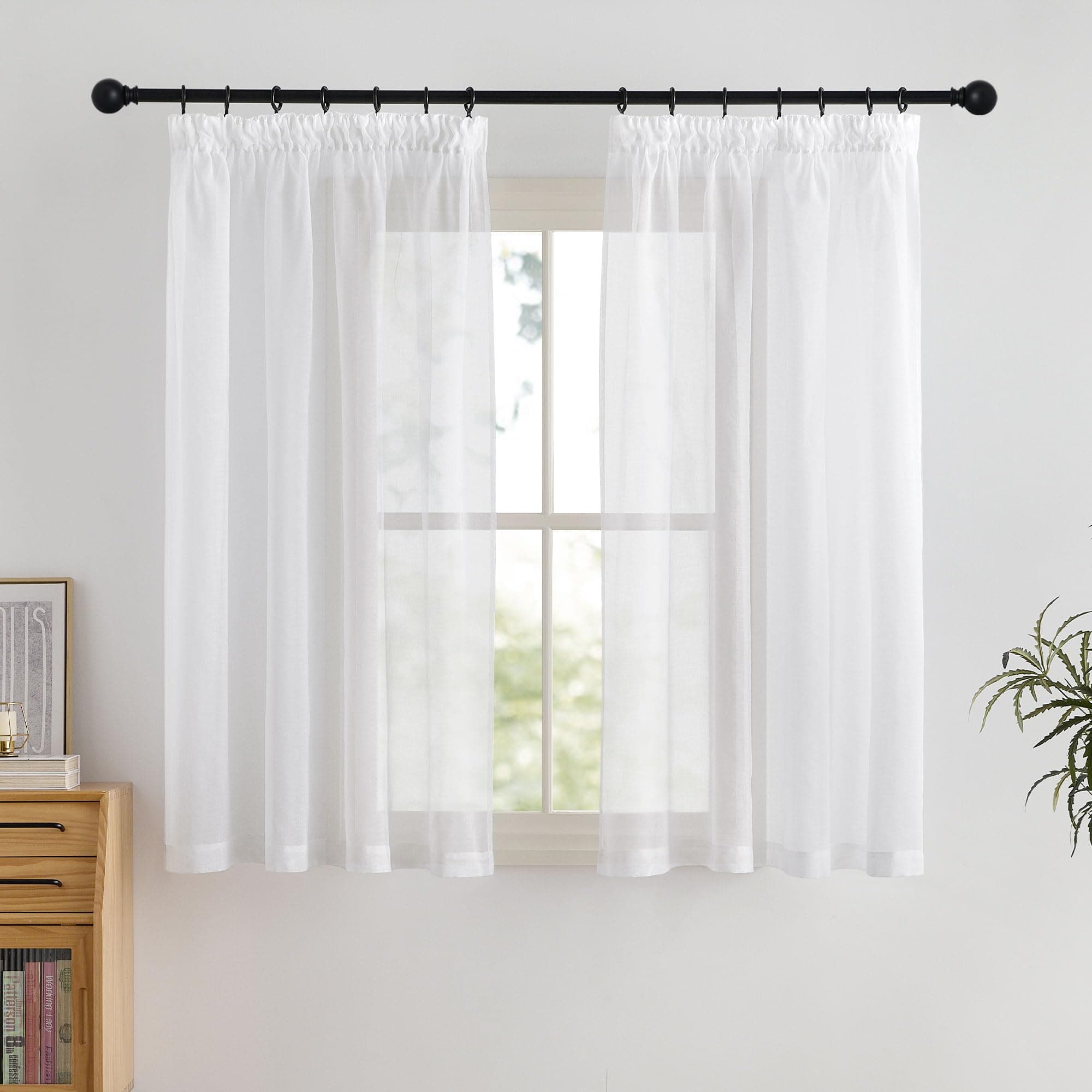 PONY DANCE Kräuseband Gardinen Kurz Schlafzimmer Modern Kurz 2er Set H 145 x B 140 cm Vorhänge Transparent für Schiene Küche Gardine Weiss Vorhang Leinenoptik Scheibengardinen