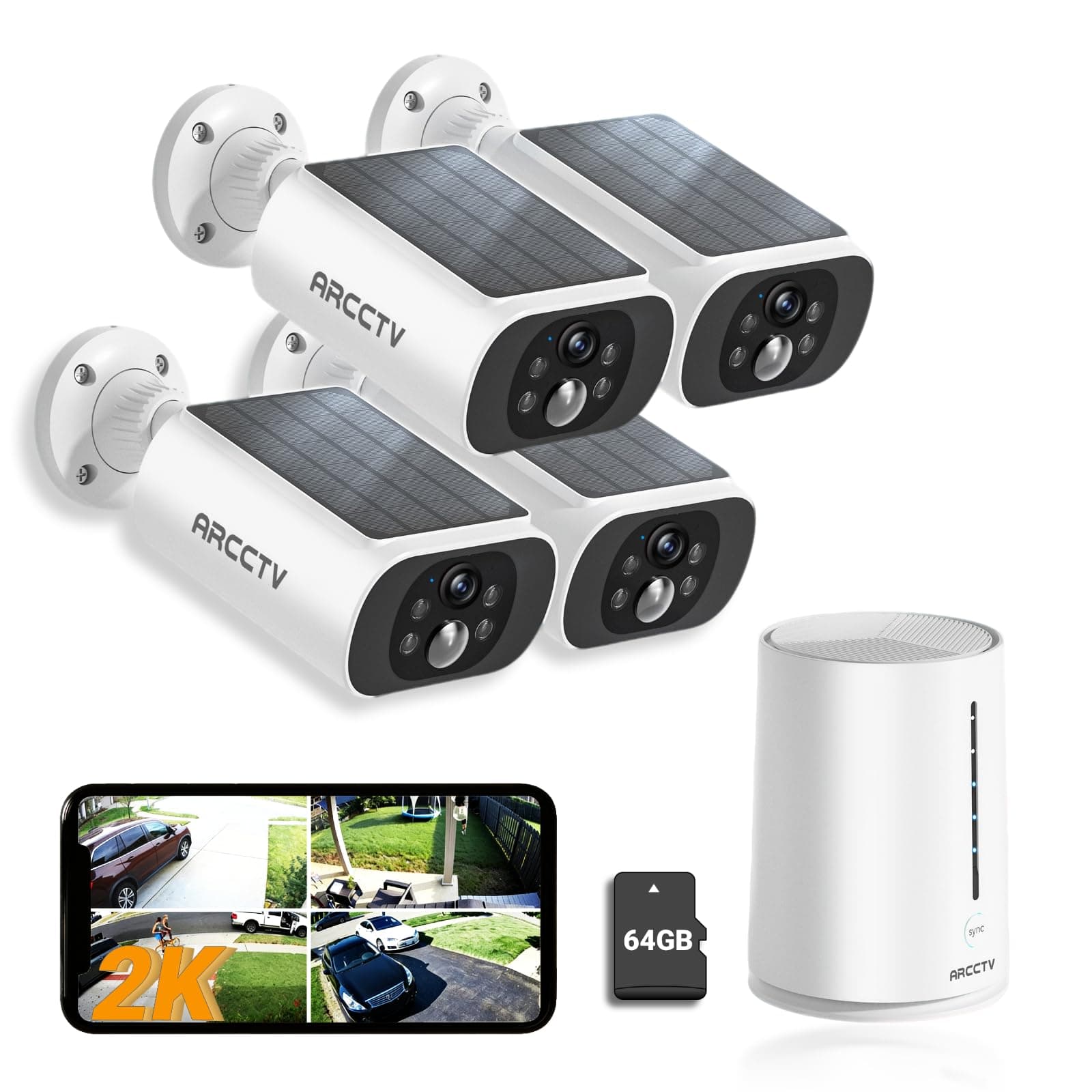 ARCCTV 2K Camera Surveillance WiFi Extérieure Solaire, 4 Cam + Base, 64Go Stockage, 4MP Caméra Exterieur à Batterie, Panneau Solaire, Vision Nocturne, Détection Mouvement PIR pour Maison/Garage,Kit-C3