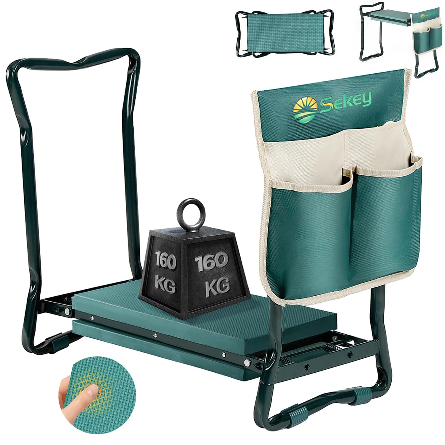 Sekey Höhenverstellbare Kniebank für Gartenarbeit Belastbarkeit 160KG, Gartenhocker Klappbar mit Werkzeugtaschen, Kniehilfe für Gartenarbeiten 60 * 50 * 28 cm, Grün (Standard)