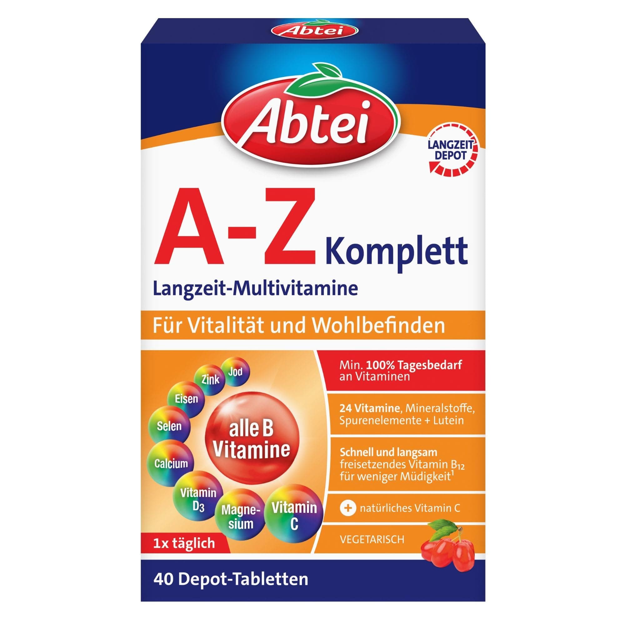 Abtei A-Z Komplett Langzeit-Multivitamine - mit natürlichem Vitamin C - Nahrungsergänzungsmittel für Vitalität und Wohlbefinden - laborgeprüft, hochdosiert und vegetarisch - 1 x 40 Tabletten
