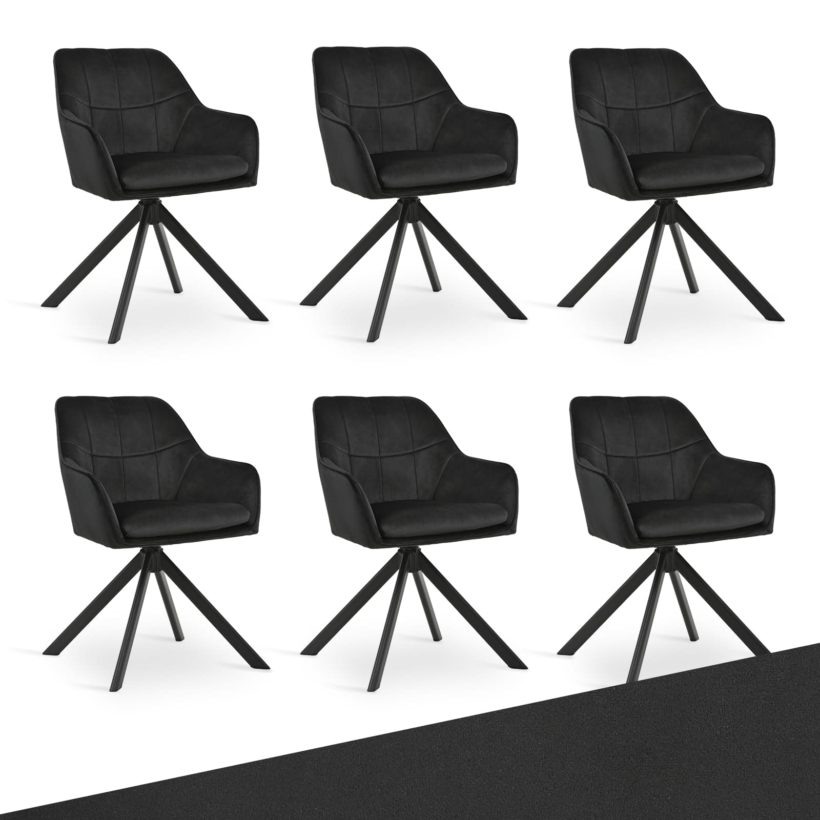 Goeurvant Lot de 6 Chaises Pivotantes 360° en Velours Noir avec Accoudoirs – Chaise de Salle à Manger Pieds Métal pour Cuisine Bureau Salon