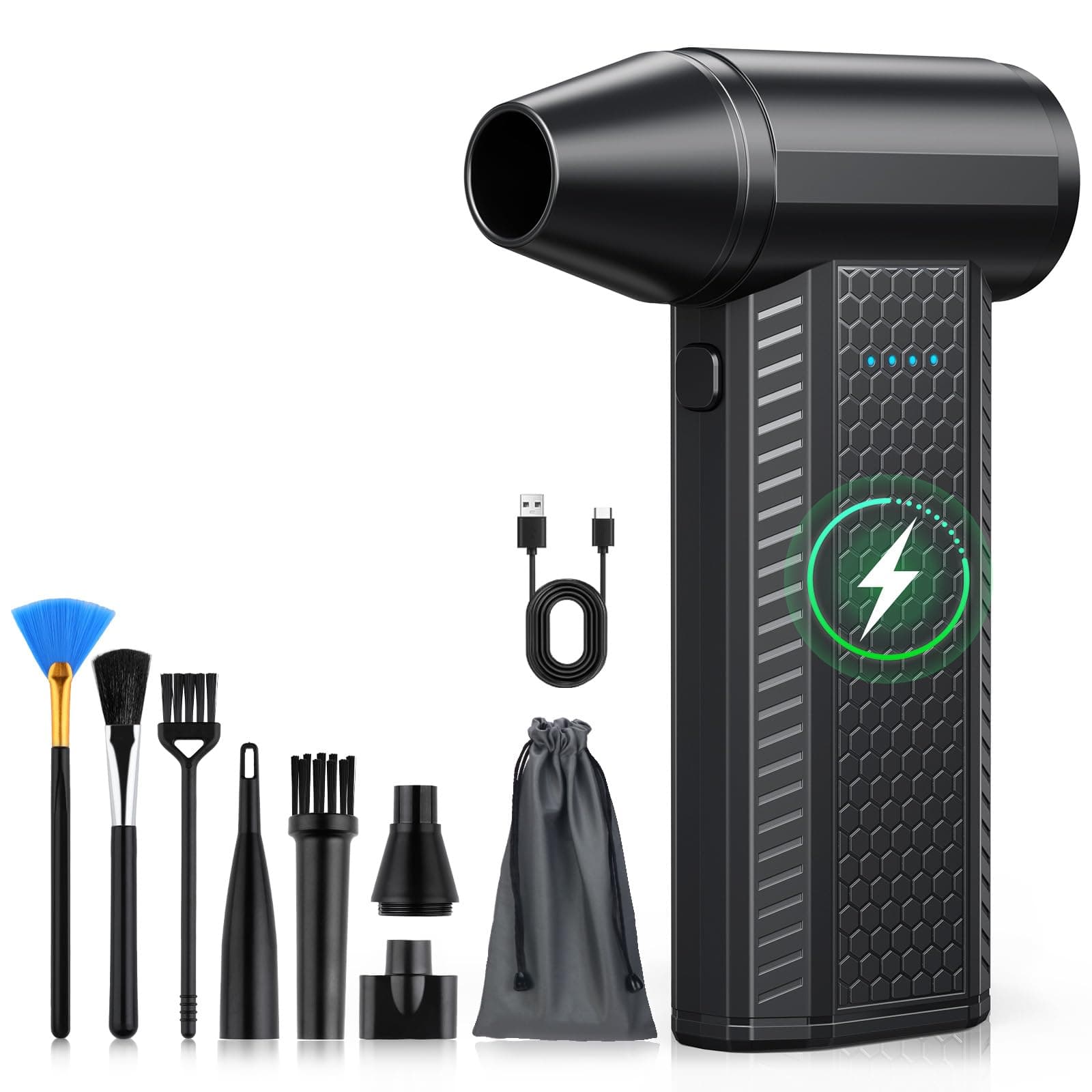 FOURQ Souffleur Air Comprimé avec,130000 TR/Min Souffleur avec Batterie 4000mAh,4 Vitesses Mini Souffleur Sans fil Puissant avec Brosses de Nettoyage PC pour Voiture, Maison, Clavier (noir)