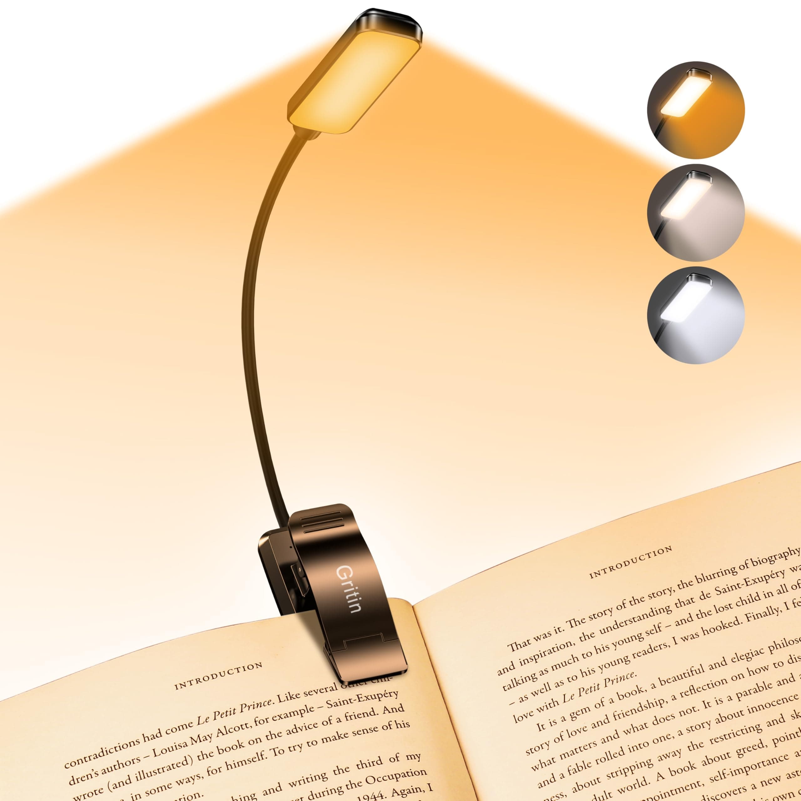 Gritin 9 LED Luce per Lettura Libri a Letto con Clip, Ricaricabile Lampada Luce da Lettura per Libro,3 Temperatura Colore &Regolazione Continua, Protezione Occhi, Ideale per Lampada Libro per Notturna